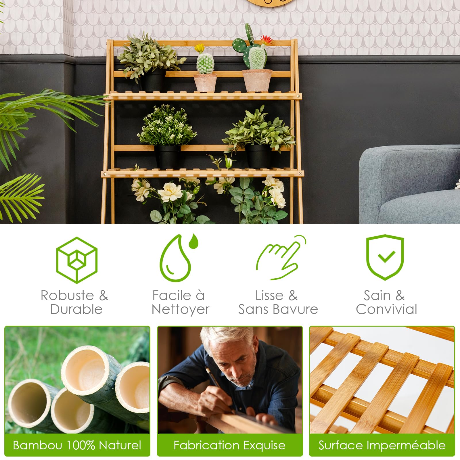 RELAX4LIFE Support de Plantes Pliable en Bambou, Étagère pour Plantes à 3 Niveaux, Étagère à Fleurs Pliante, Échelle à Plantes, pour Salon, Balcon, Jardin, Intérieur et Extérieur, Naturel