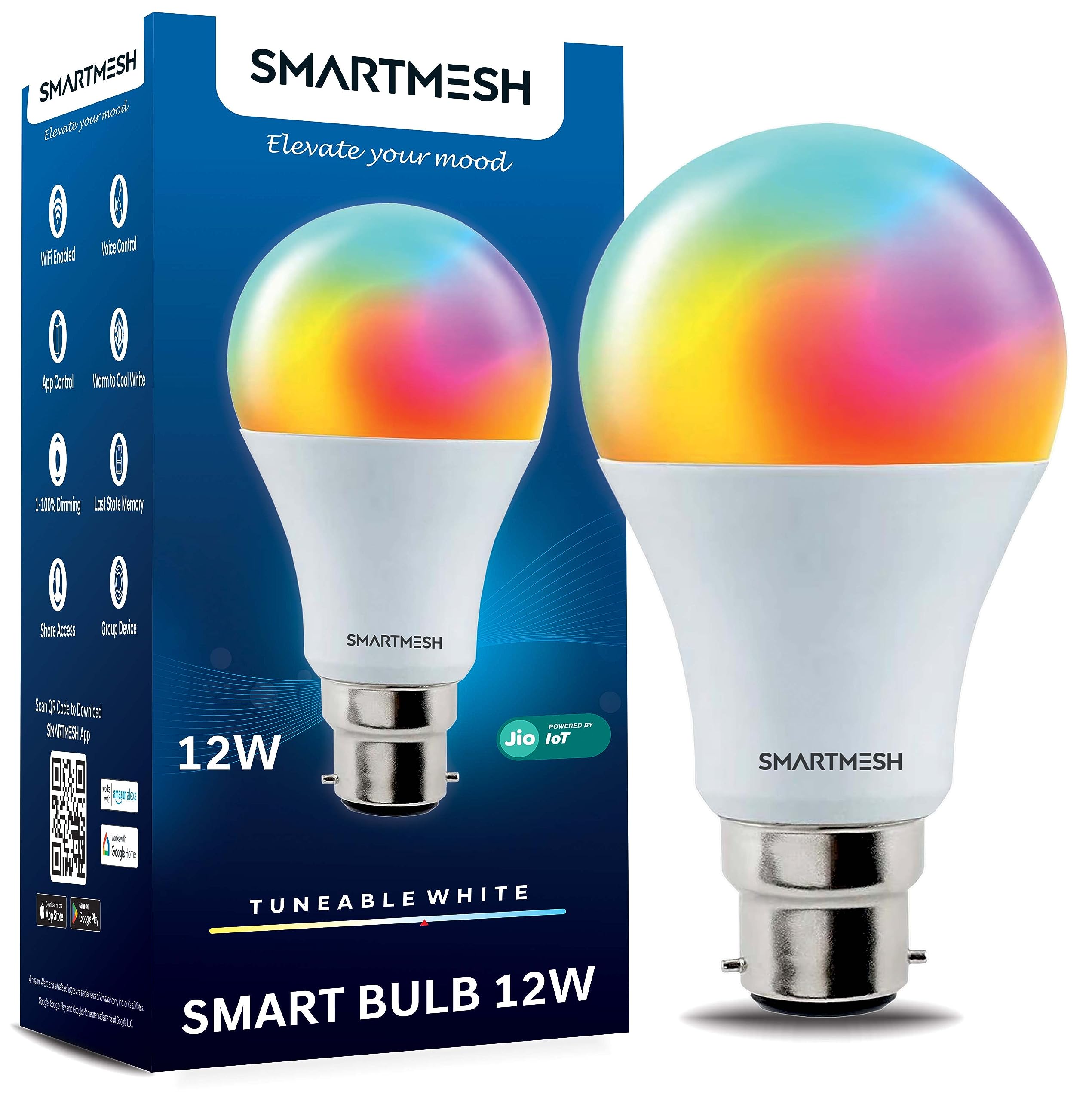 Wi-Fi RGB+CCT Smart LED Bulb Powered by Jio IoT | 12 Watt | Music Sync | Last State Memory | 16 Million Colors | Warm and Cool White | Compatible with Alexa & Google Assistant (Base B22)