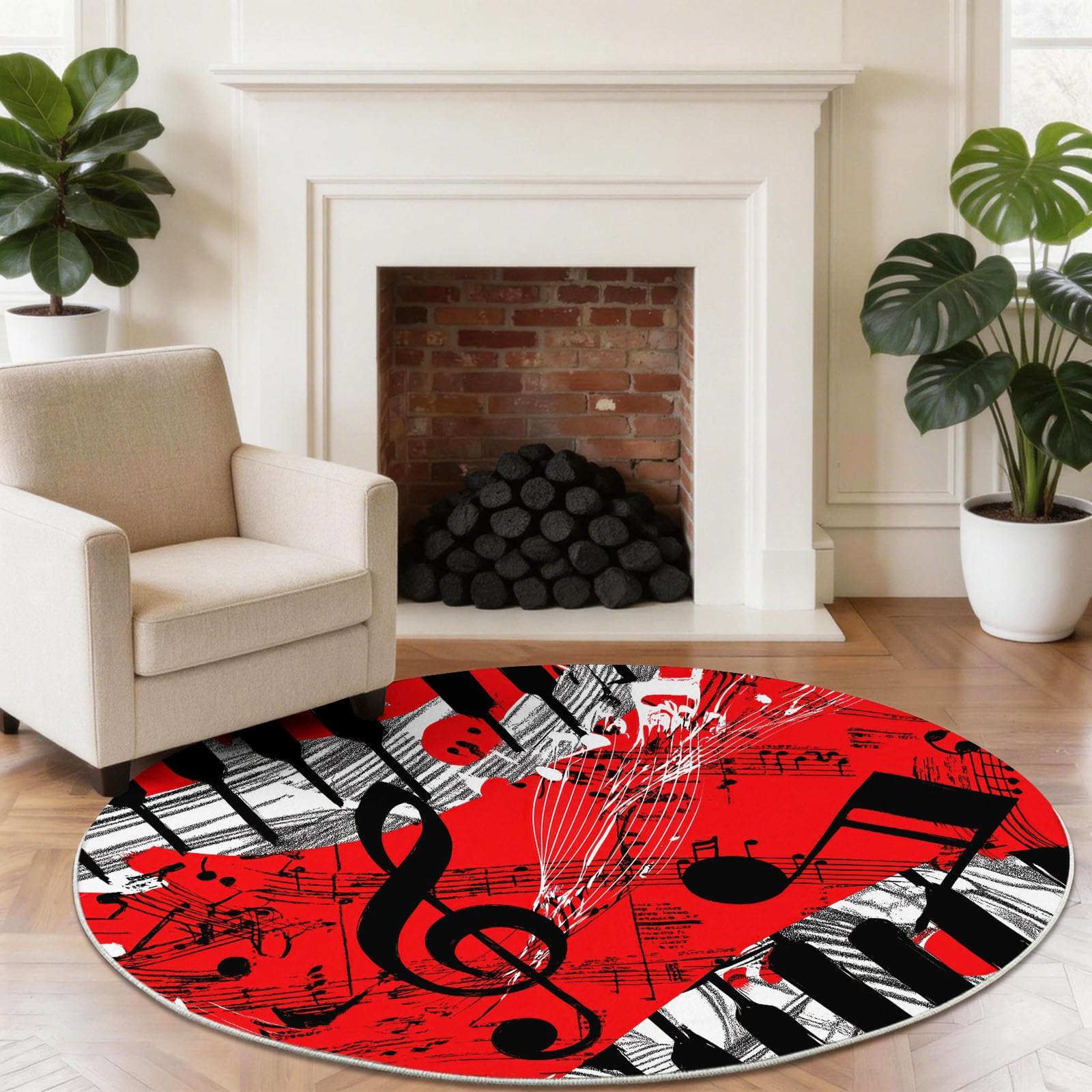 Tappeto rotondo Astratto Tasti Rossi Note Musicali Tasti Del Pianoforte Tappeti per soggiorno, antiscivolo, lavabile, per camera da letto, morbido tappeto stampato, per camera dei bambini, 100 cm