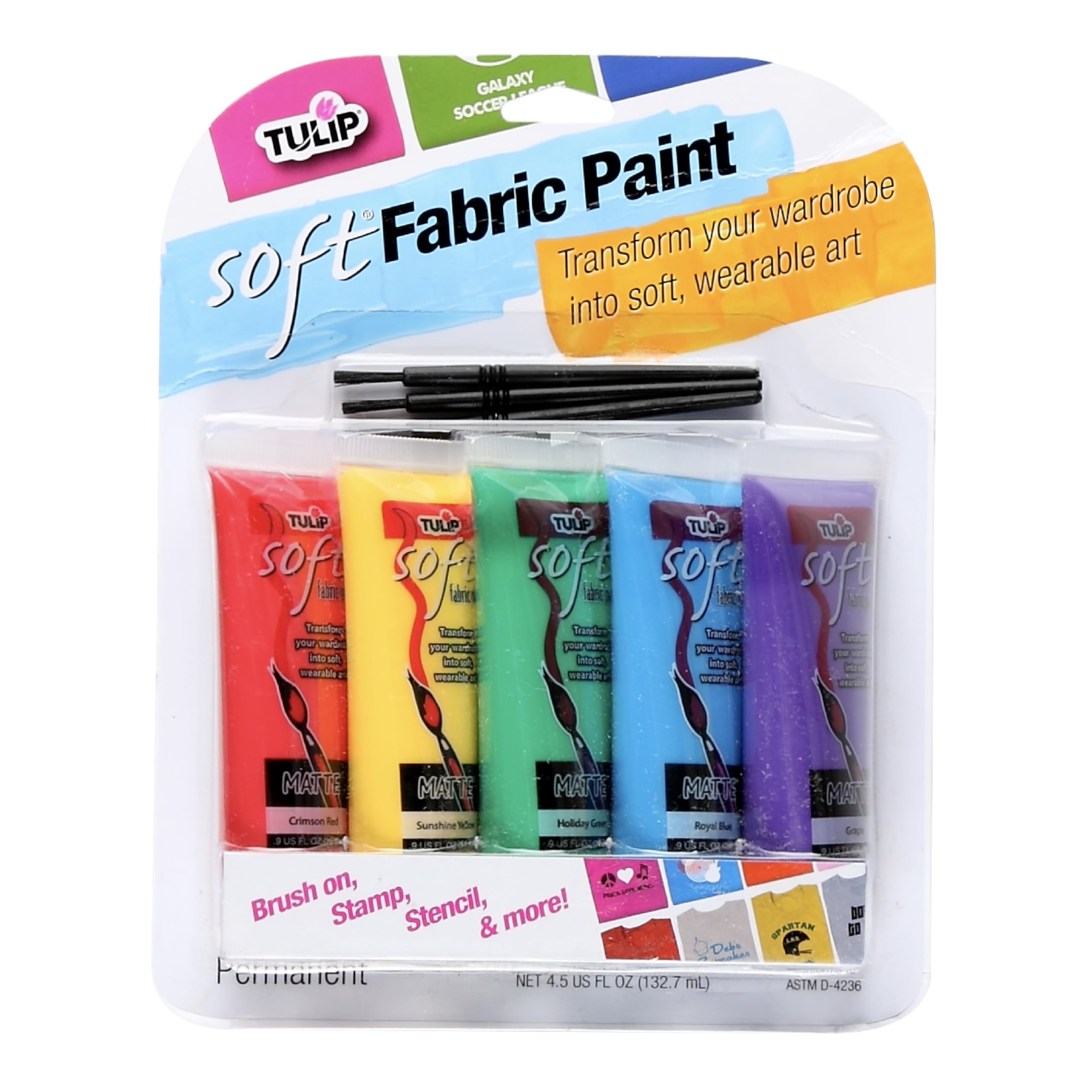 TulipSoft Fabric Paint, Permanent on Clothes, Bold Primary Colors, 8 Pieces, 5 Paint Tubes .9 fl oz (4.5 fl oz), 3 Brushes