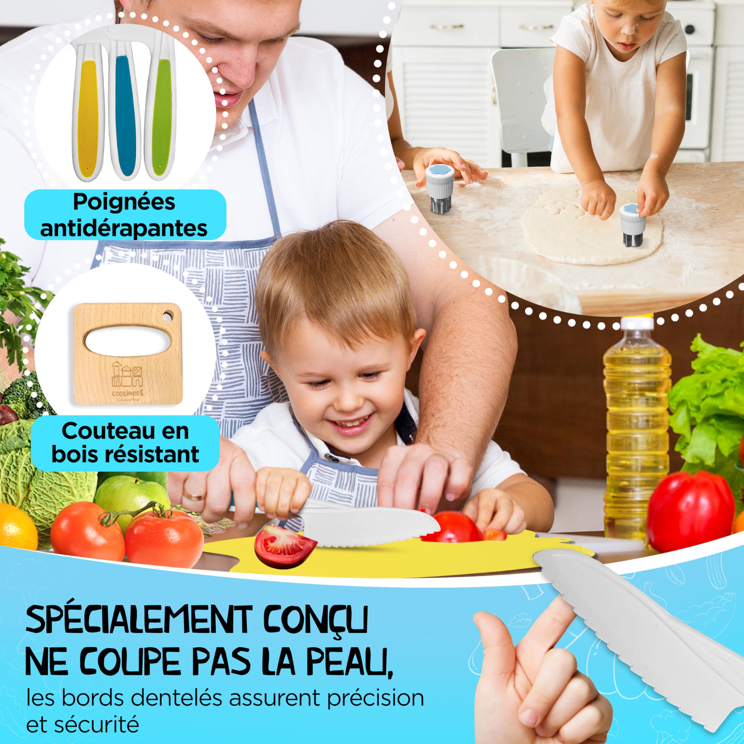 Couteau Enfant Qui ne Coupe Pas, Ustensiles de Cuisine Enfant, COOKINOOS Le Kit 14 Pièces Montessori, Couteaux Sécurité Cuisine Enfant 3 Ans, Couteau en Bois.