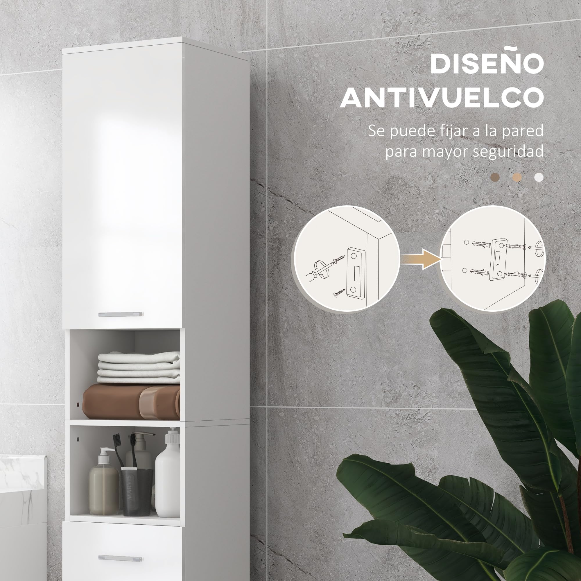 kleankin Armario de Baño Alto, Columna Auxiliar de Baño, con 1 Cajón, 3 Estantes Ajustable, 2 Armarios, para Salón, Dormitorio, 30x30x180 cm, Blanco Brillante