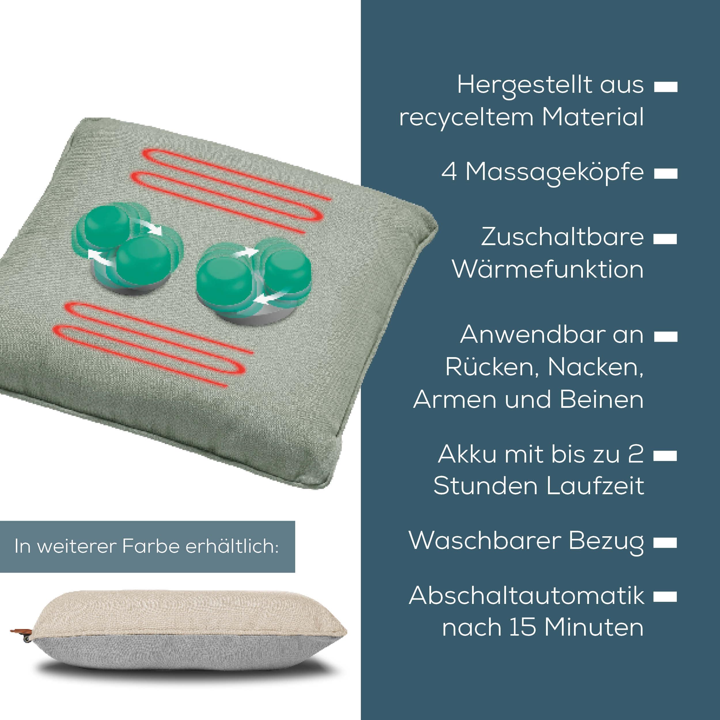 Beurer MG 139 Akku-Massagekissen mit Wärmefunktion, kabelloses Shiatsu-Massagekissen, zuschaltbare Wärme, hergestellt aus recyceltem Material, Maschinenwaschbar, Abschaltautomatik, 40 x 40 cm, Mint