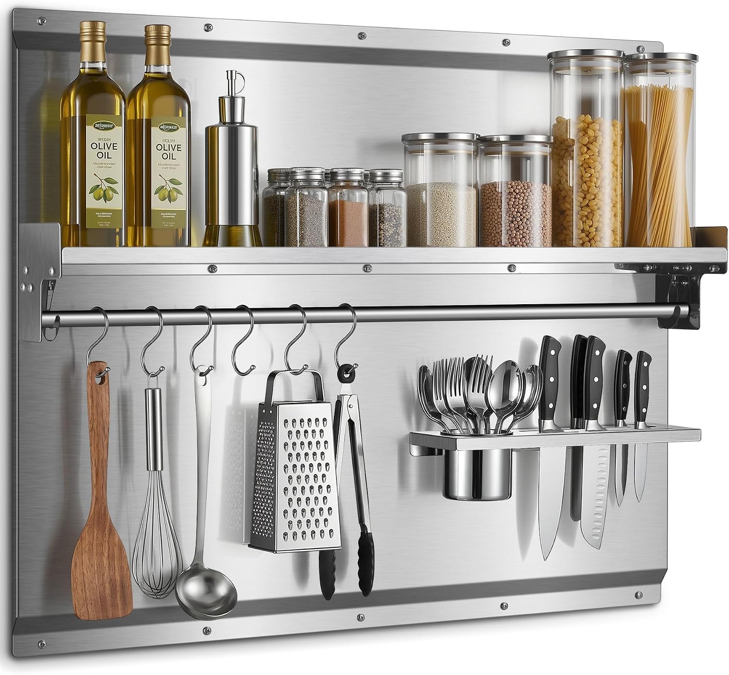 JOEAONZ 30" x 24" Stainless Steel Backsplash for Stove with Storage Shelf & Hooks, Heavy Duty 430 Metal Splatter Guard, Easy Wall Mount Shield, Fit Behind Range, Countertop or Sink
