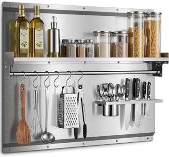JOEAONZ 30" x 24" Stainless Steel Backsplash for Stove with Storage Shelf & Hooks, Heavy Duty 430 Metal Splatter Guard, Easy Wall Mount Shield, Fit Behind Range, Countertop or Sink