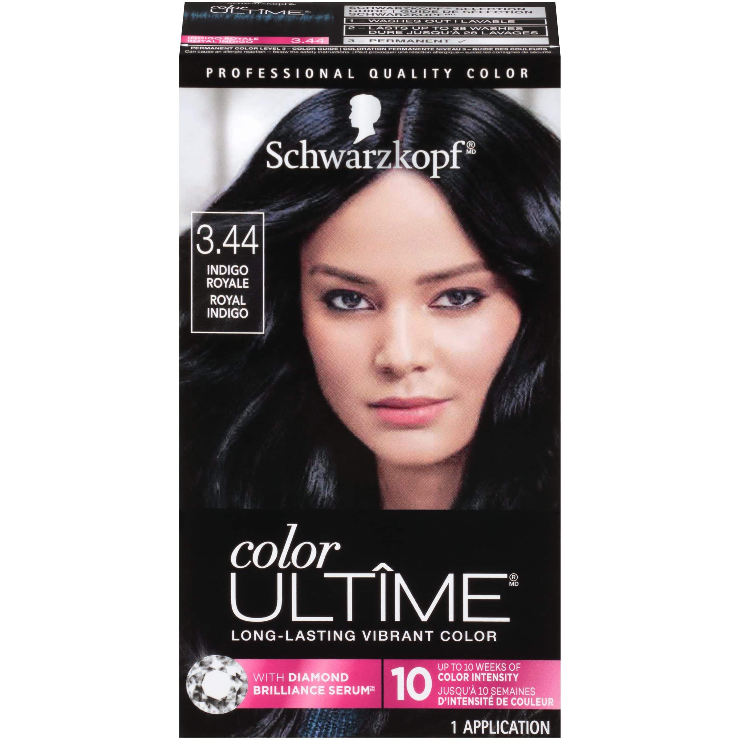 Schwarzkopf Color Ultime 3.44 Indigo Royale Hair Dye, Permanent Intense Black with Diamond Brilliance, Fade-Resistant, Covers Grays, All Hair Textures