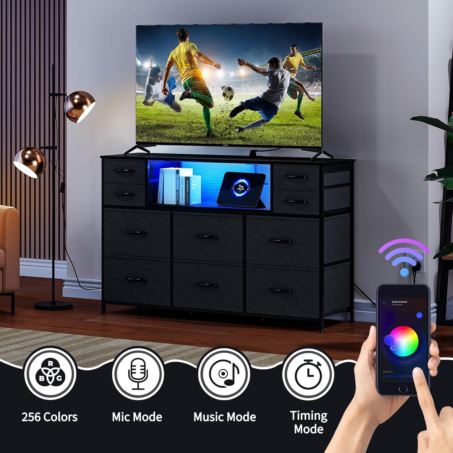 LED 10-Drawer Dresser TV Stand with Charging Station & RGB Lights, 3-Tier Fabric Storage Drawer Chest, Wood Top Entertainment Center for 45/50/55/60 Inch TVs, Modern Storage Furniture for Living Room