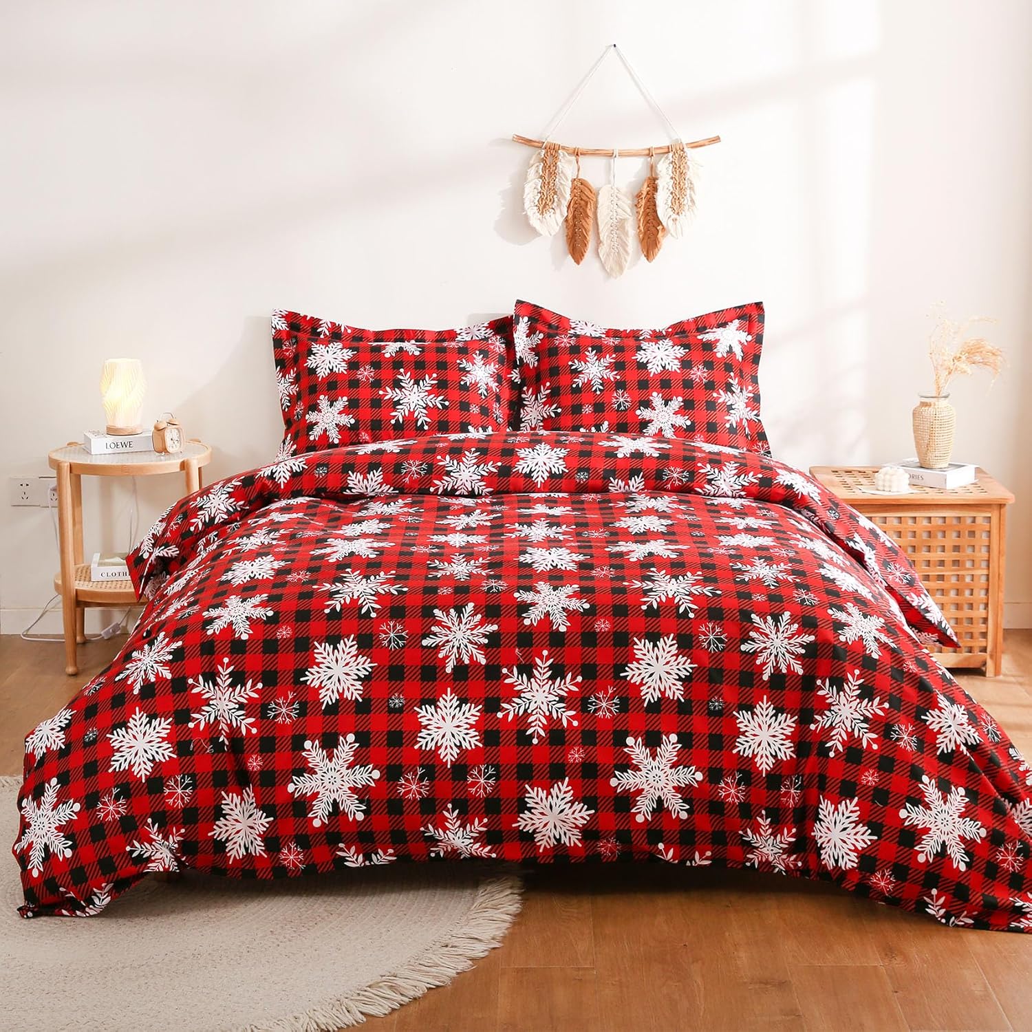 JSD Red Buffalo Plaid Snowflakes Duvet Cover Set King Size, 3 Piece Christmas Winter Printed Microfiber Duvet Comforter Covers - Image 7