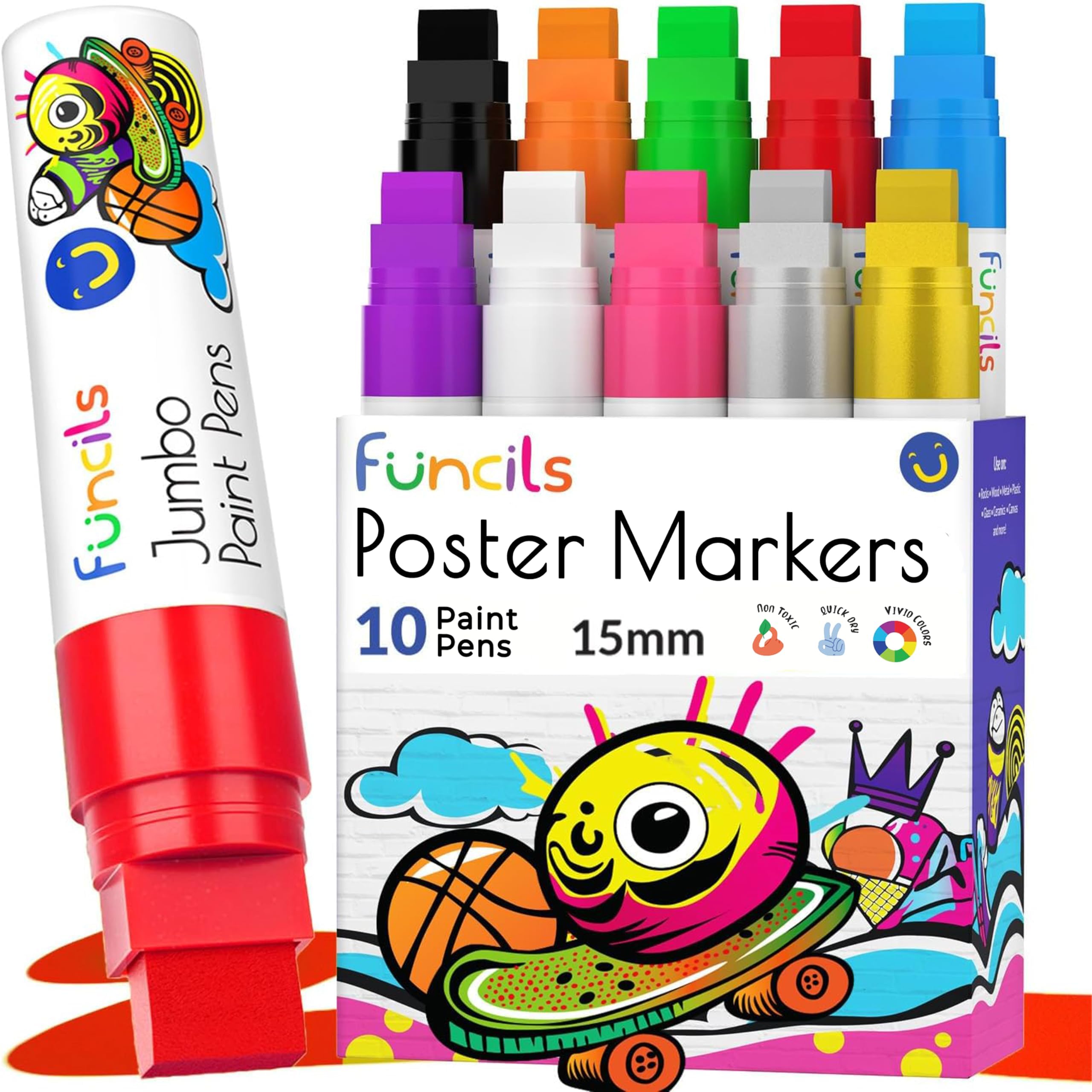 Funcils Acrylic Markers, 10 Coloured Permanent Paint Pens, 15mm Jumbo Felt Tip Graffiti Markers for Painting Stones, Glass, Fabric, Ceramics, Wood, Canvas