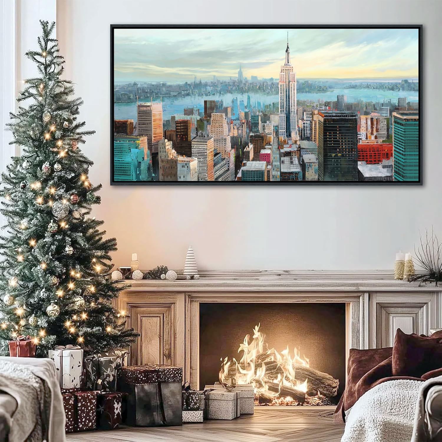 Abstract Wall Art for Living Room - Modern New York City Wall Art Large Canvas Pictures Bedroom, Wall Decor for Bedroom Framed Painting Elegant Cityscape Artwork 20×40IN 40"L x 20"W teal