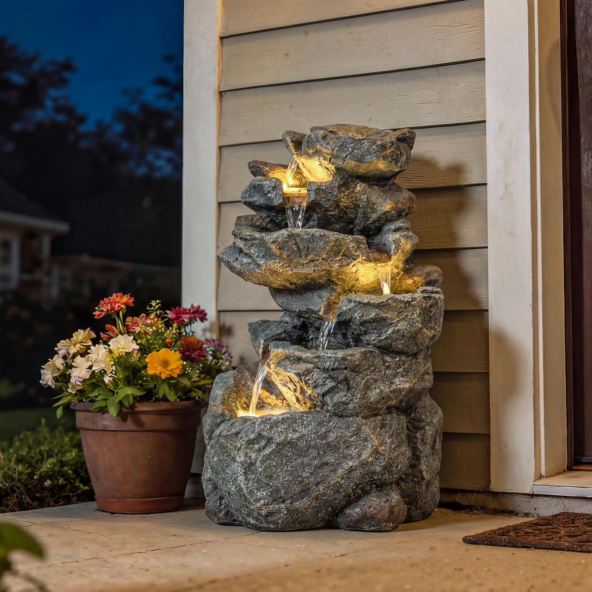 Outsunny Fontaine de Jardin Cascade 6 Niveaux - Décoration de Jardin Zen Résine Pierre Naturelle - 53cm Cascade d'eau Lumineuse LED pour Terrasse, Balcon et Extérieur, Gris