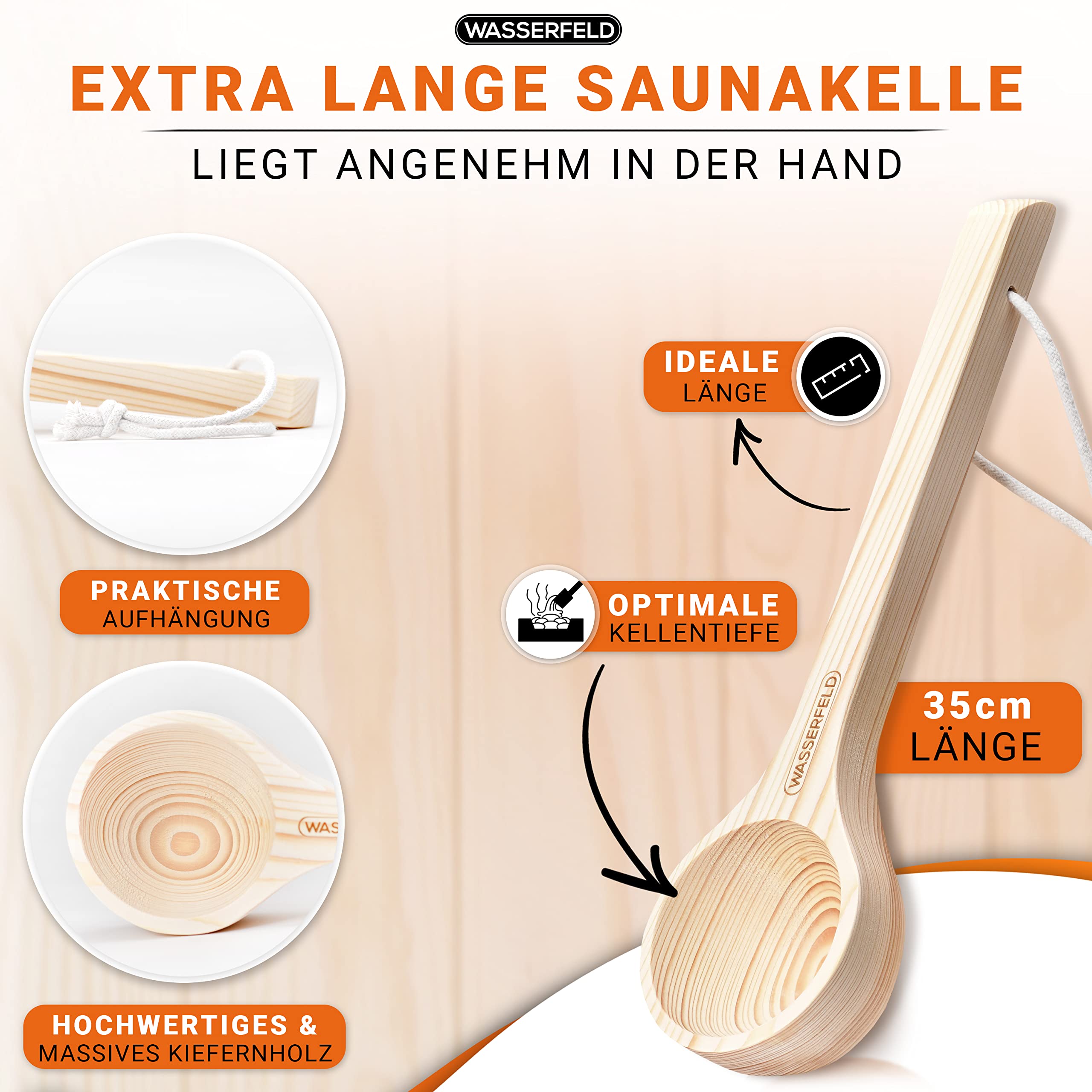 WASSERFELD® Seau de sauna (4 litres) – Seau de sauna de qualité supérieure avec truelle, sablier, thermomètre et hygromètre – Seau de sauna résistant à la chaleur de 4 l avec insert et corde de