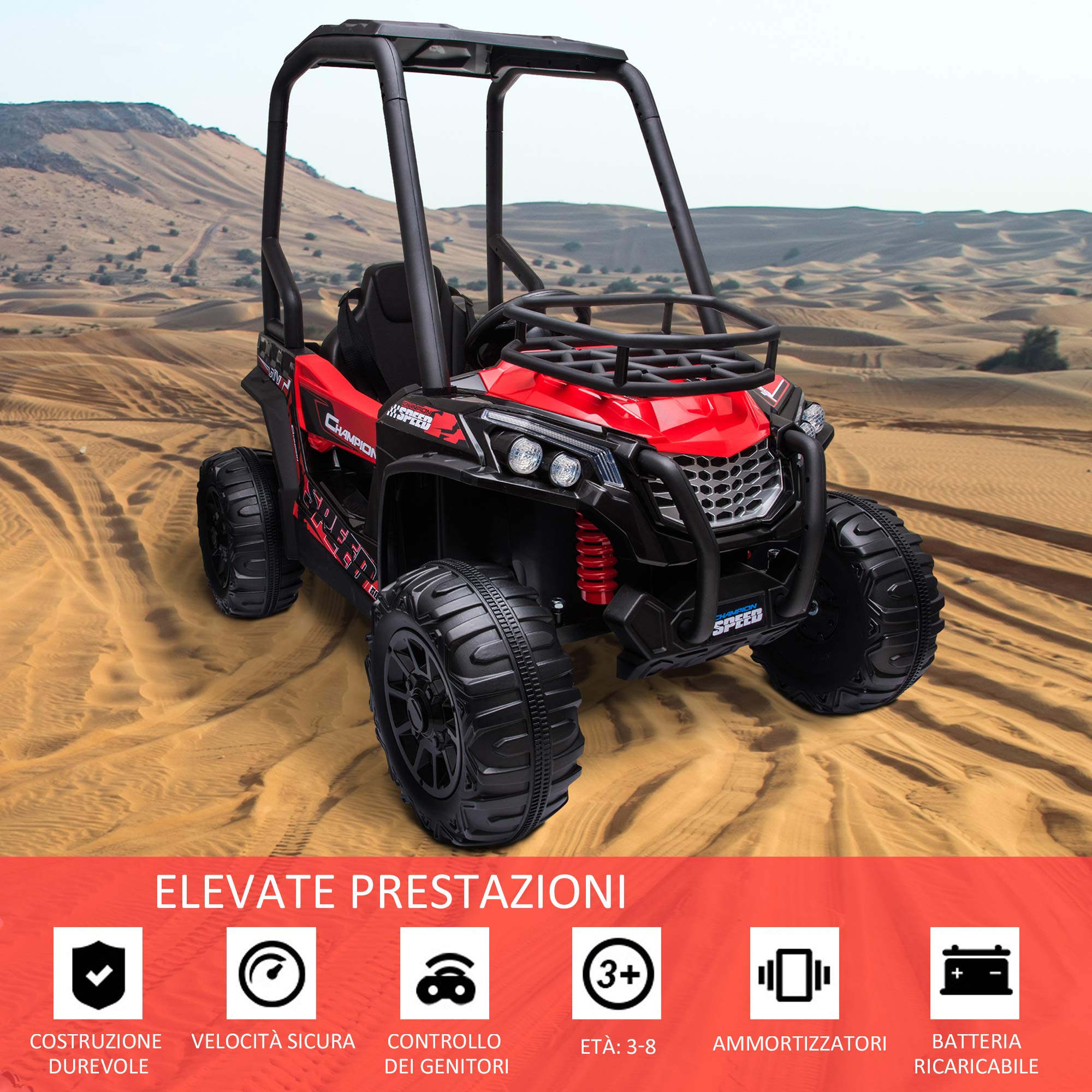 HOMCOM Macchina Elettrica per Bambini 12V Quad 118x76x104cm Rosso e Nero | Velocità 3-6km/h, Quad Elettrico Mini con Doppio Motori, USB, Lettore MP3 e Telecomando