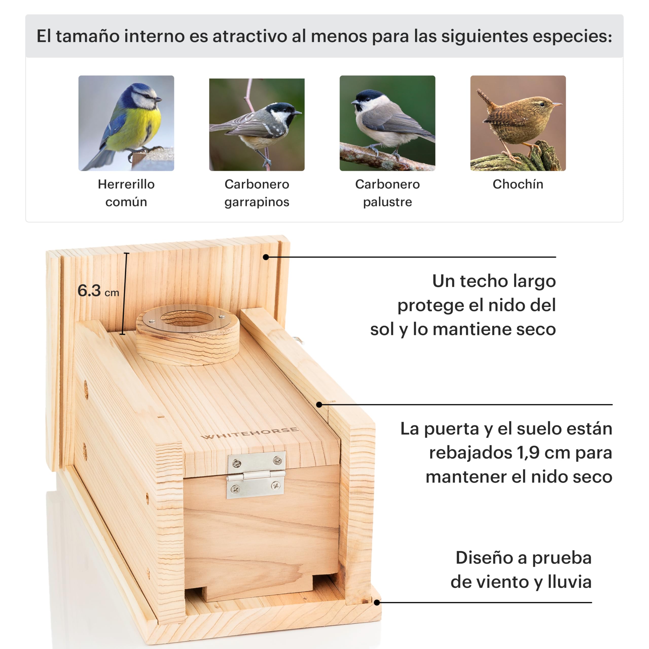 WHITEHORSE Casa para Pájaros de Primera Calidad, Caja Nido con Construcción Certificada, Ideal para Observar Aves y Apoyar a Las Especies Europeas
