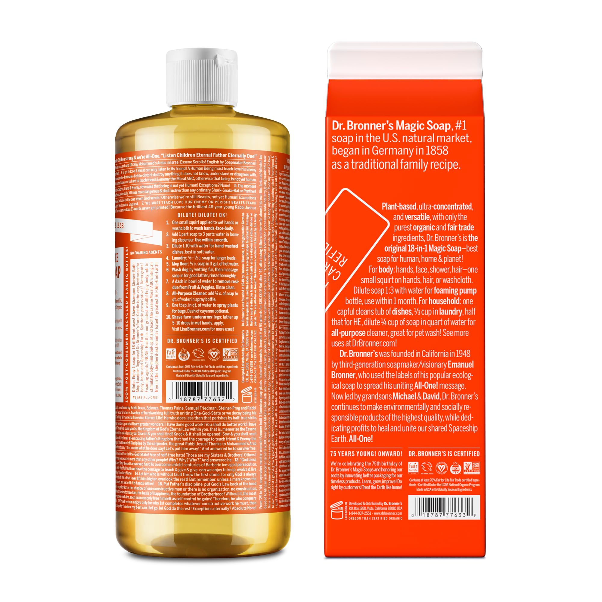 Dr. Bronner's Pure-Castile Liquid Magic Soap Bottle & Refill Carton - Made with Regenerative Organic Certified Oils, 86% Less Plastic per Quart - For Face, Body Wash, Hand Soap Refill- , 32oz