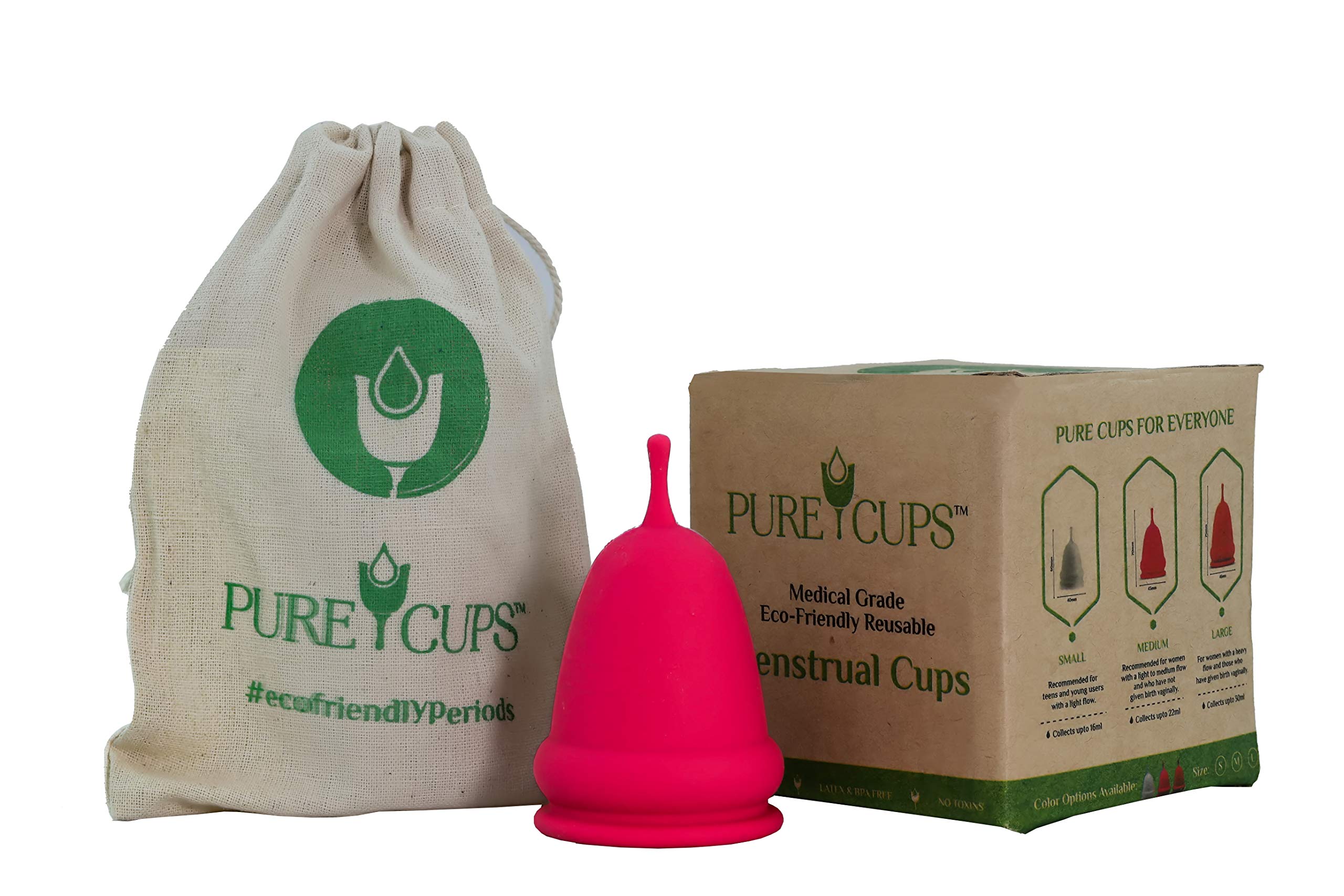 Pure Cups Reusable Menstrual Cup for Women (Medium Size with Pouch) - Made with Medical Grade Silicone, Protection for 12 Hours, Soft & Flexible Period Cup, No Leakage, FDA Approved (Pink)
