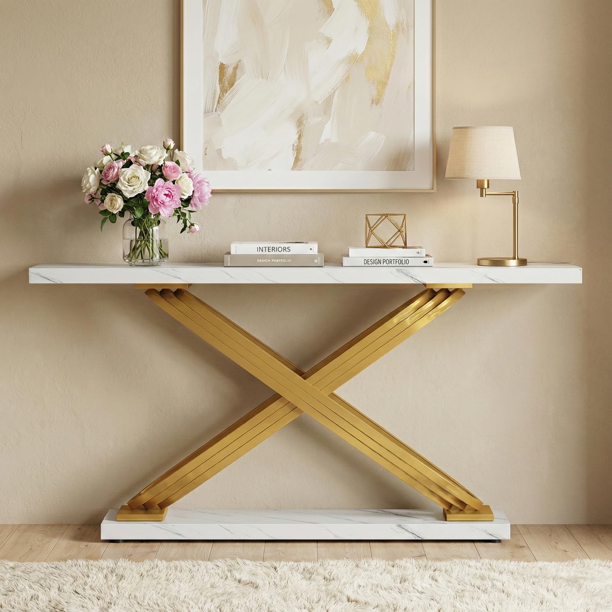 Lailang 80cm Consolle Ingresso, Tavolo Stretto E Lungo, Mobile Ingresso Corridoio, Consolle Ingresso Legno, Mobile Soggiorno Moderno, 80 x 35 x 140 cm, Oro E Bianco