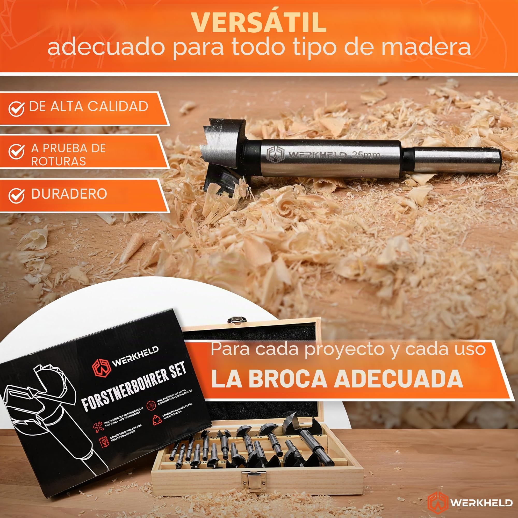 Juego de brocas Forstner [13 brocas perforadoras de 10 a 60 mm] – Herramienta profesional para taladros precisos y limpios en madera [incluye caja para almacenamiento]
