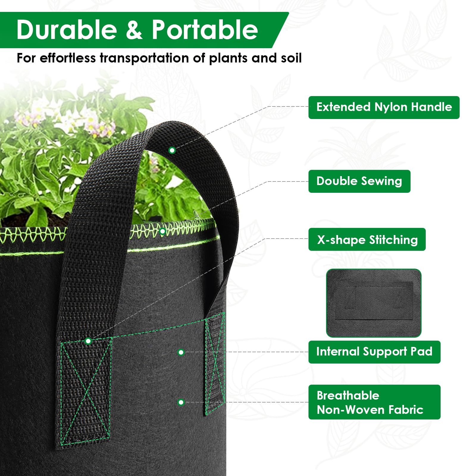 Vinitoy Grow Bags for Vegetables 5 Pack 10 Gallon Heavy Duty Thickened Nonwoven Fabric Pots with Handles and 100cm x 100cm Potting Mat for Potatos Tomatoes - Image 3