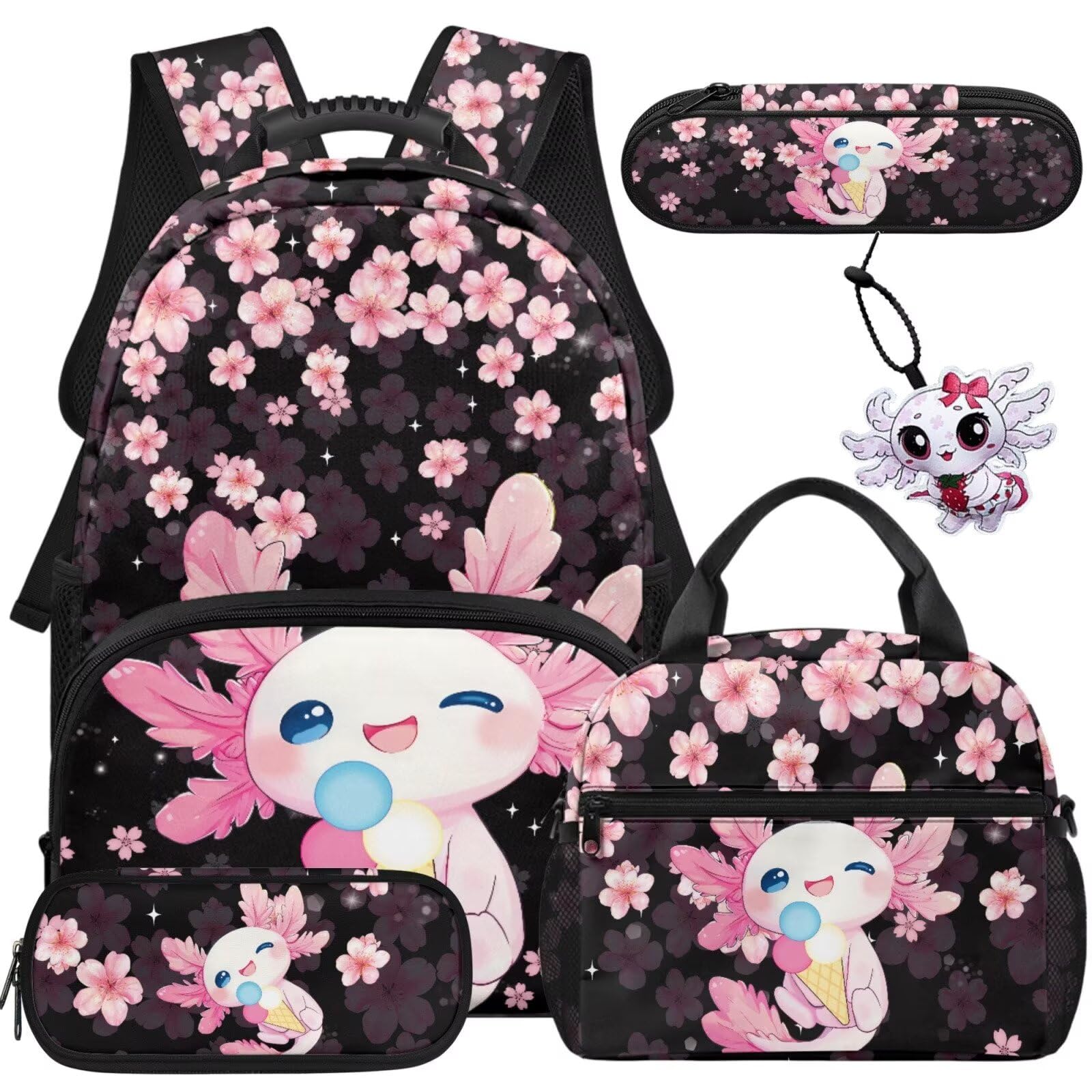 COEQINE Simpatico zaino per la scuola Axolotl con borsa per il pranzo per bambini, 5 pezzi, borsa per libri scolastici, portapenne, portaposate, Gelato Axolotl ai Fiori di Ciliegio Nero