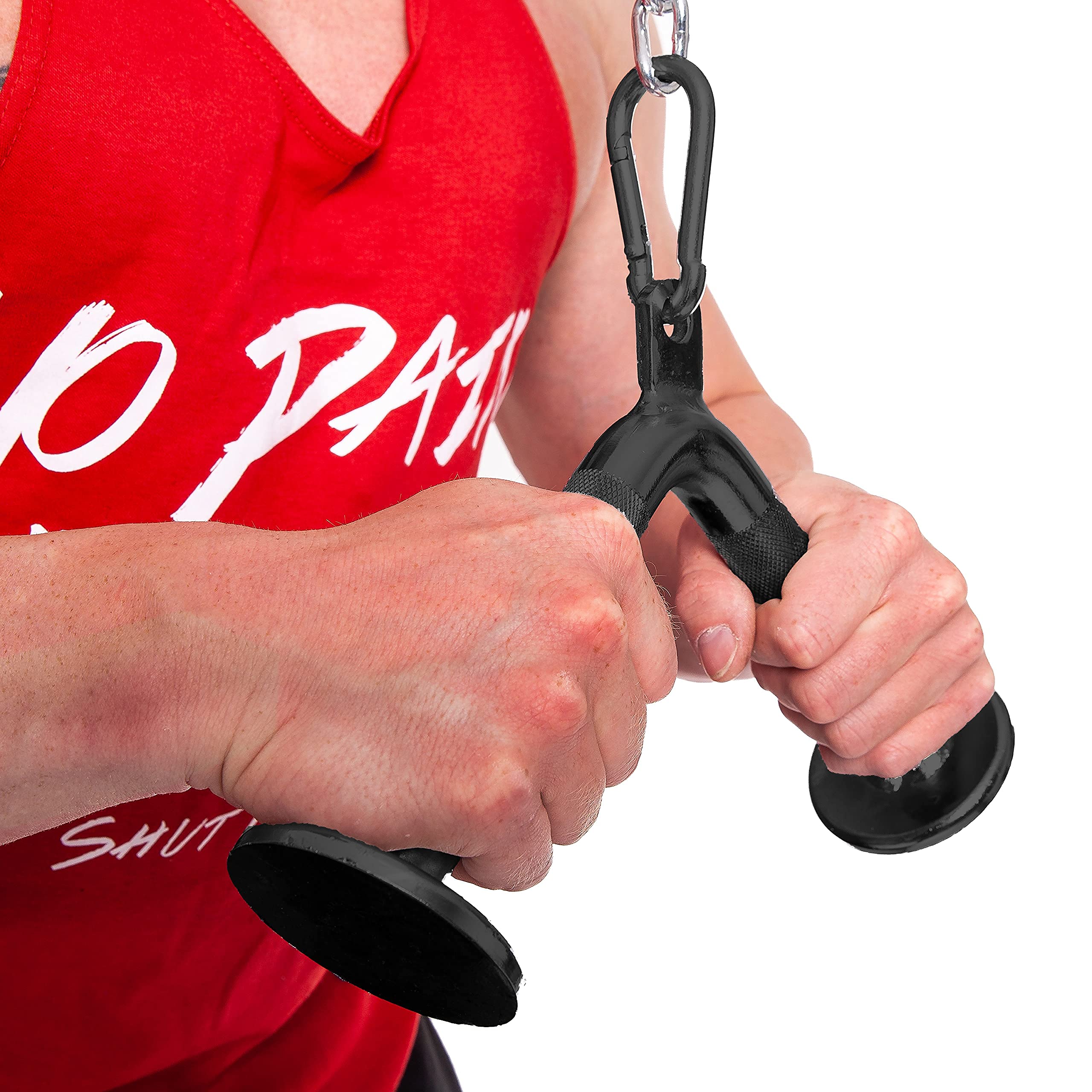 C.P. SPORTS - Maniglia per tricipiti a V in acciaio massiccio nero o cromato con moschettone da 8 mm, manico professionale tricipiti a V in acciaio massiccio, per stazione di potenza, torre di