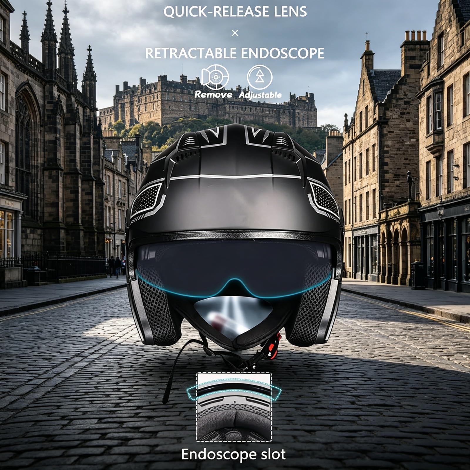 Voyager 3/4 Casque Jet Moto Homologué Dot ECE Noir Mat Bande Dorée Visière Solaire Cachée Doublure Amovible Lavable Hommes Femmes M-2XL Casque Scooter Cruiser