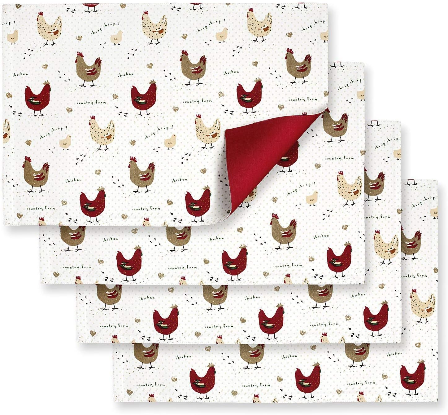 Cackleberry HomeFarmhouse Chicken Placemats Cotton Fabric Reversible, 13 x 19 Inches, Set of 4 Red