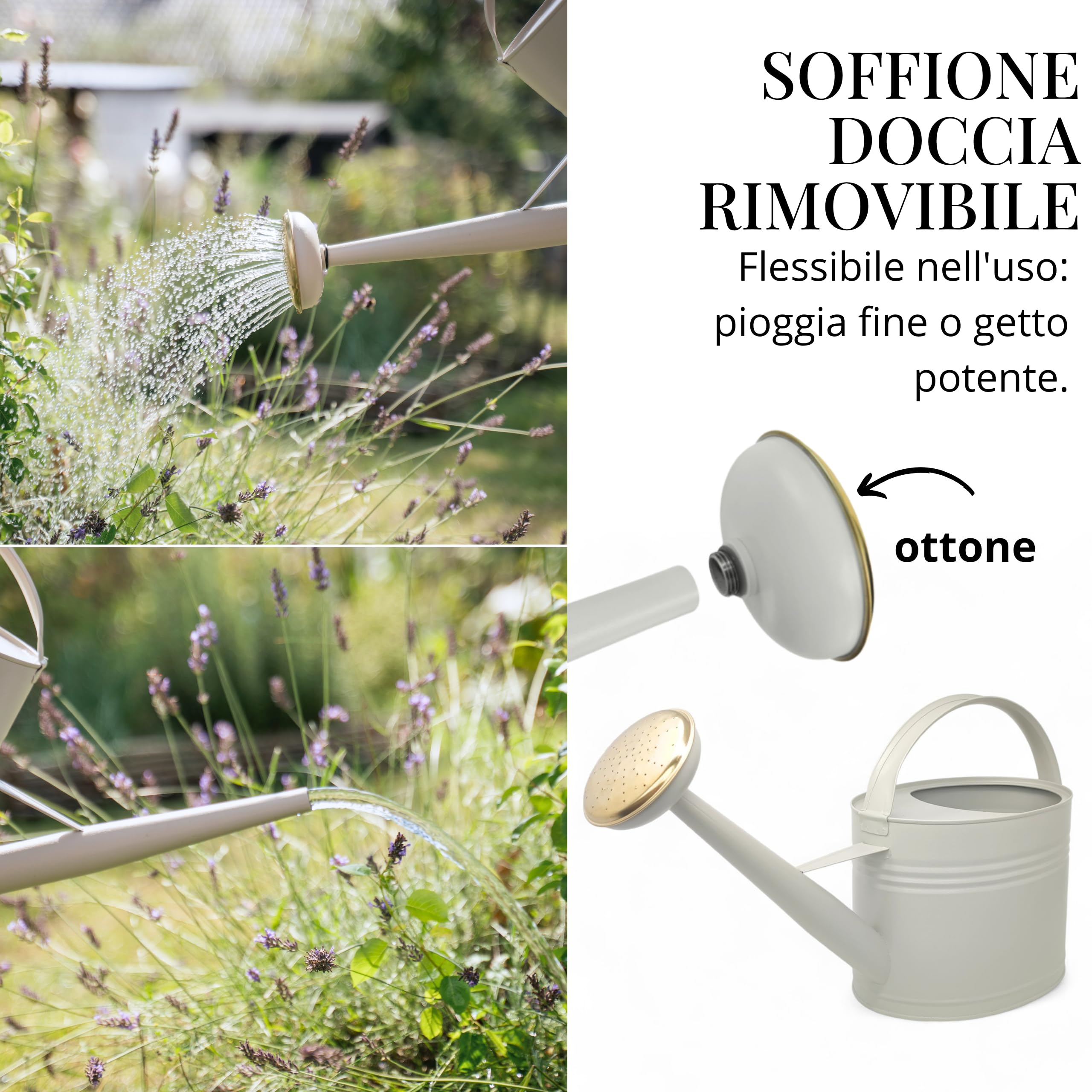 LIVLIG Annaffiatoio 5 Litri Metallo – Giardino e Balcone con Pomello Removibile in Ottone, Design Vintage, Greige