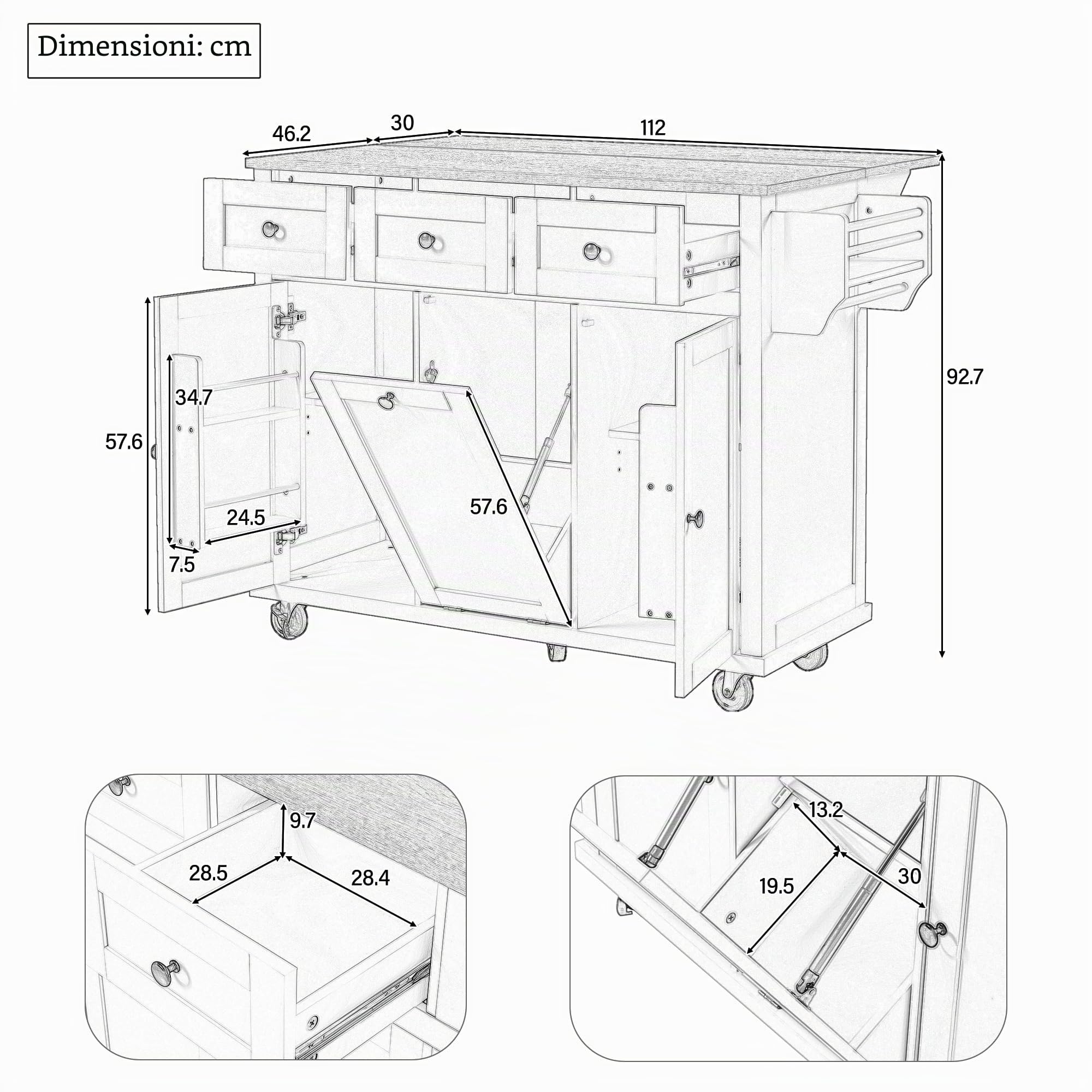 Isola cucina con ruote, zona pranzo estraibile, pattumiere e cassetti, mobile, ideale per cucina e sala da pranzo (grigio)