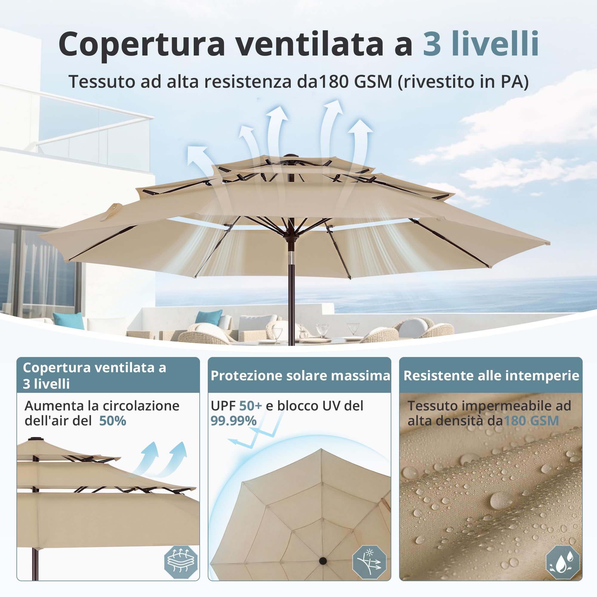LUE BONA Ombrellone da Giardino 300 cm a 3 Livelli, Parasole Esterno con Inclinazione Regolabile e 8 Stecche in Vetroresina per Patio Piscina Terrazzo Mare