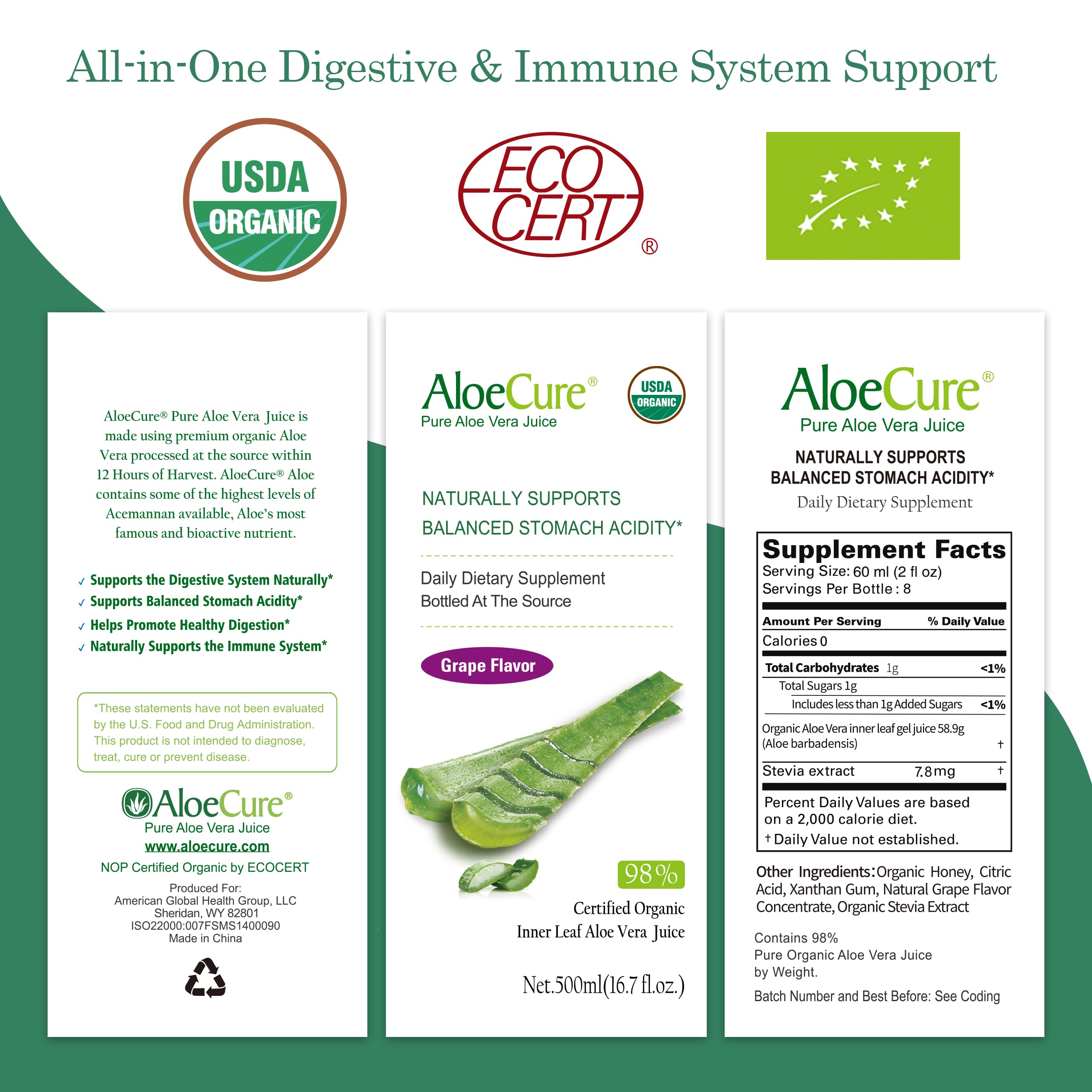 AloeCure USDA Organic Aloe Vera Juice Grape Flavor, Made Within 12 Hours of Harvest - Pure Aloe Vera Digestive & Immune Health Supplement, Helps Maintain Balanced Stomach Acidity, 16.7oz x 2 Btls — Amazon image 8