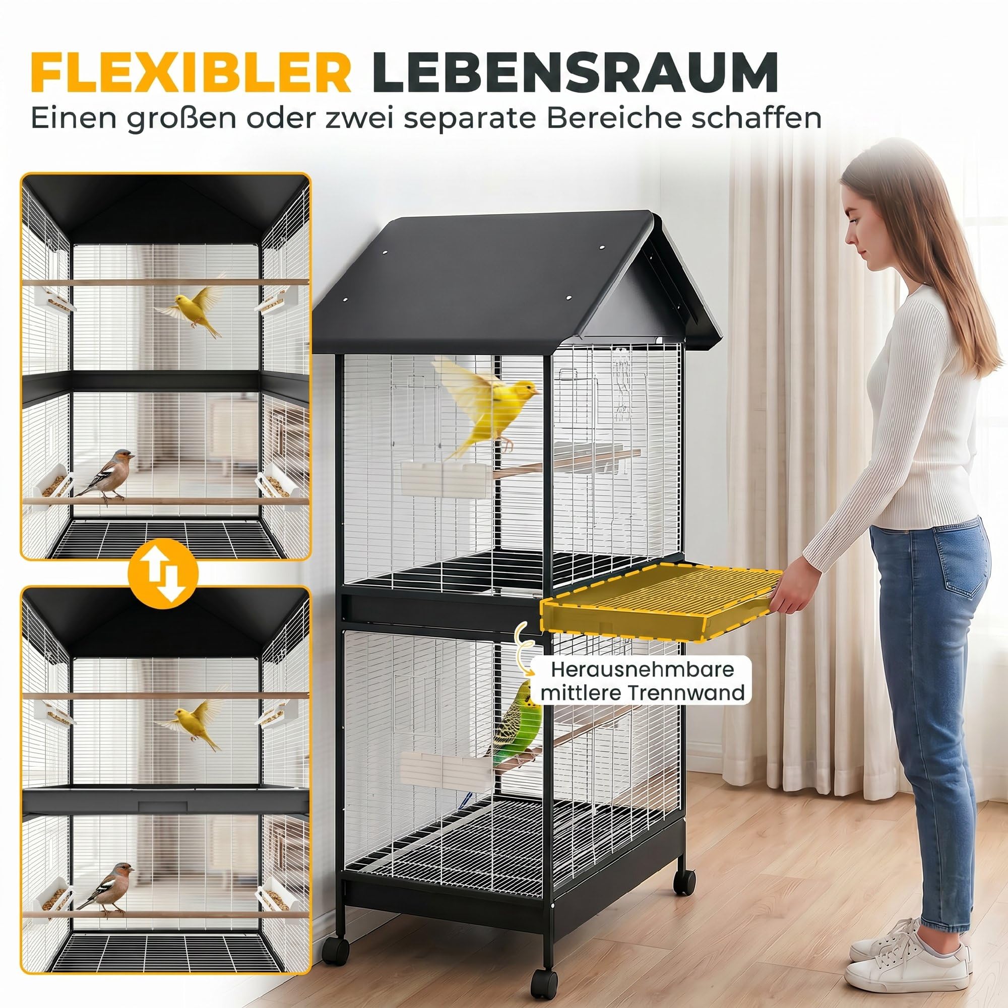 PawHut Vogelvoliere Groß Vogelkäfig mit Abnehmbar Trennwand 2 Türen 2 Holzstangen Rollen 2 Schalen 4 Futterspendern Vogelhaus XXL Vogelbauer für Wellensittiche Nymphensittiche Kanarien 94 x 70 x 158cm