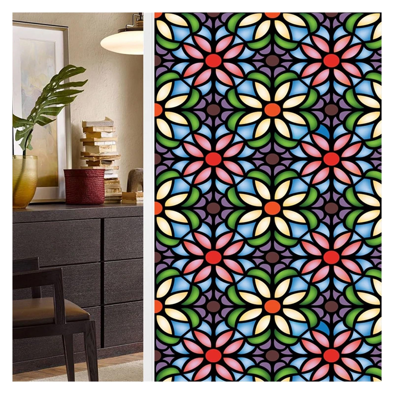 Colorful Retro Flower Bird PVC Electrostatic Glass Stickers Stained Static Cling Frosted Glass Film(Color-13)