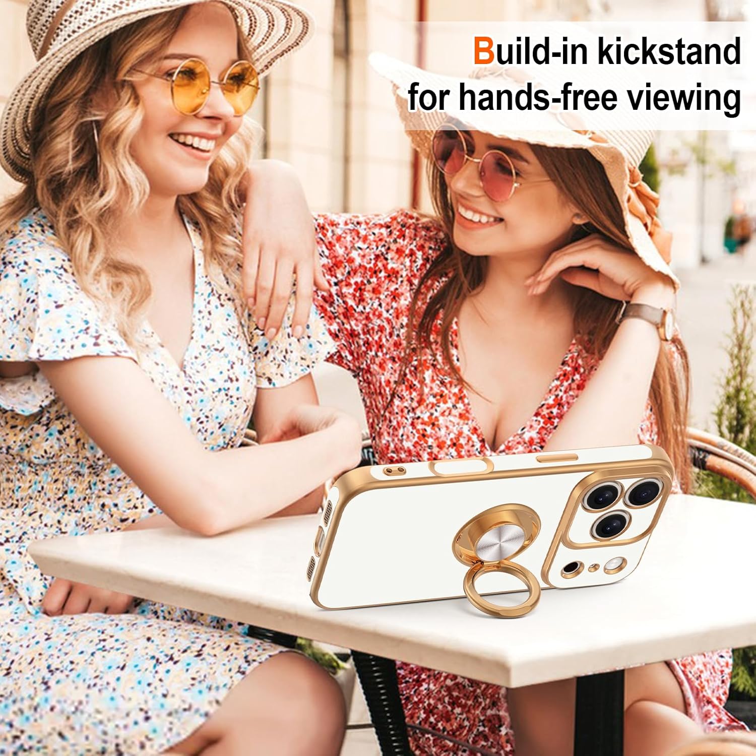 Hython for iPhone 17 Pro Max Case with Ring Stand, 360° Rotatable Ring Holder Magnetic Kickstand, Plating Rose Gold Edge Soft Cover Protective Phone Case for iPhone 17 Pro Max 6.9", White - Image 6