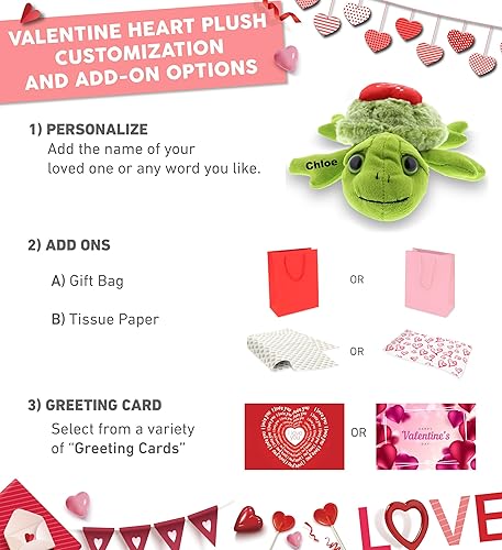 Miniatura 2 de DolliBu Peluche de San Valentín con texto en inglés "I Love You" de tortuga marina verde pequeña, lindo animal de peluche con corazón rojo y nombre,