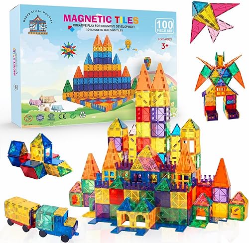 Happy Little Wonders Juego de construcción magnética de lujo de 100 piezas con 2 coches, azulejos magnéticos para niños, juguetes sensoriales de