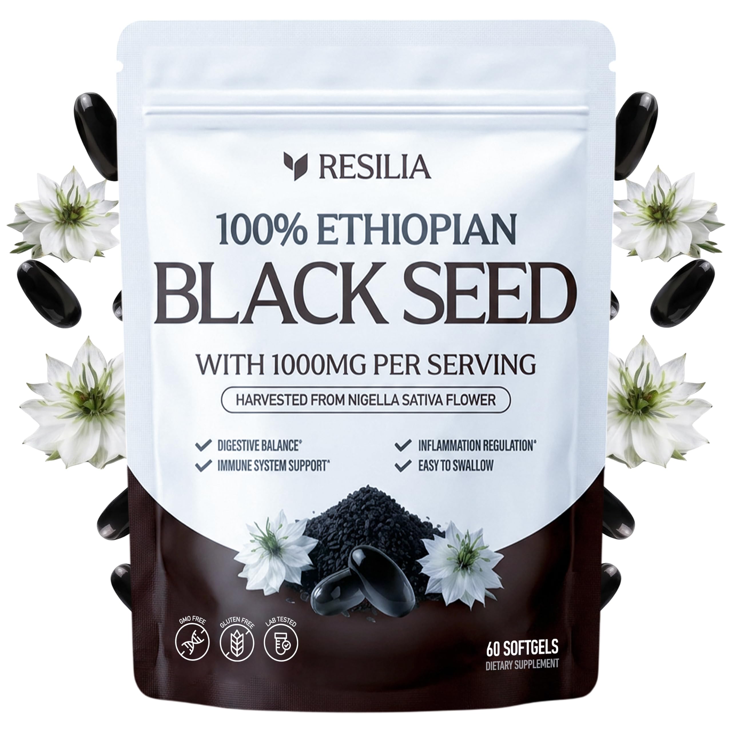 Resilia Ethiopian Black Seed Softgels 1000mg Per Serving – Premium Nigella Sativa Seed Oil Supplement – Digestive & Immune Support Formula – Easy to Swallow Soft Capsules (60 Count)