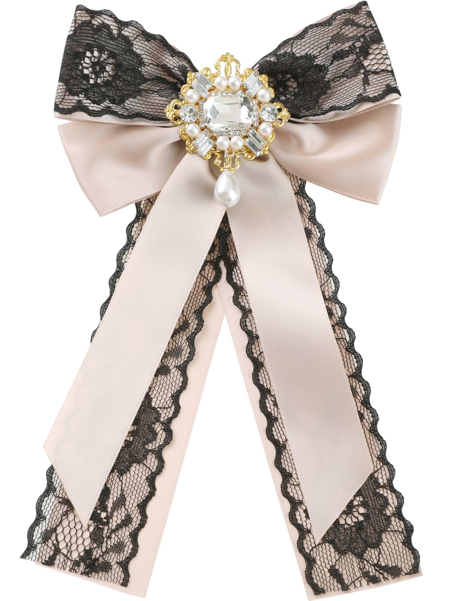 Women Black Lace Bowtie with Rhinestone Pre-tied Necktie Clip
