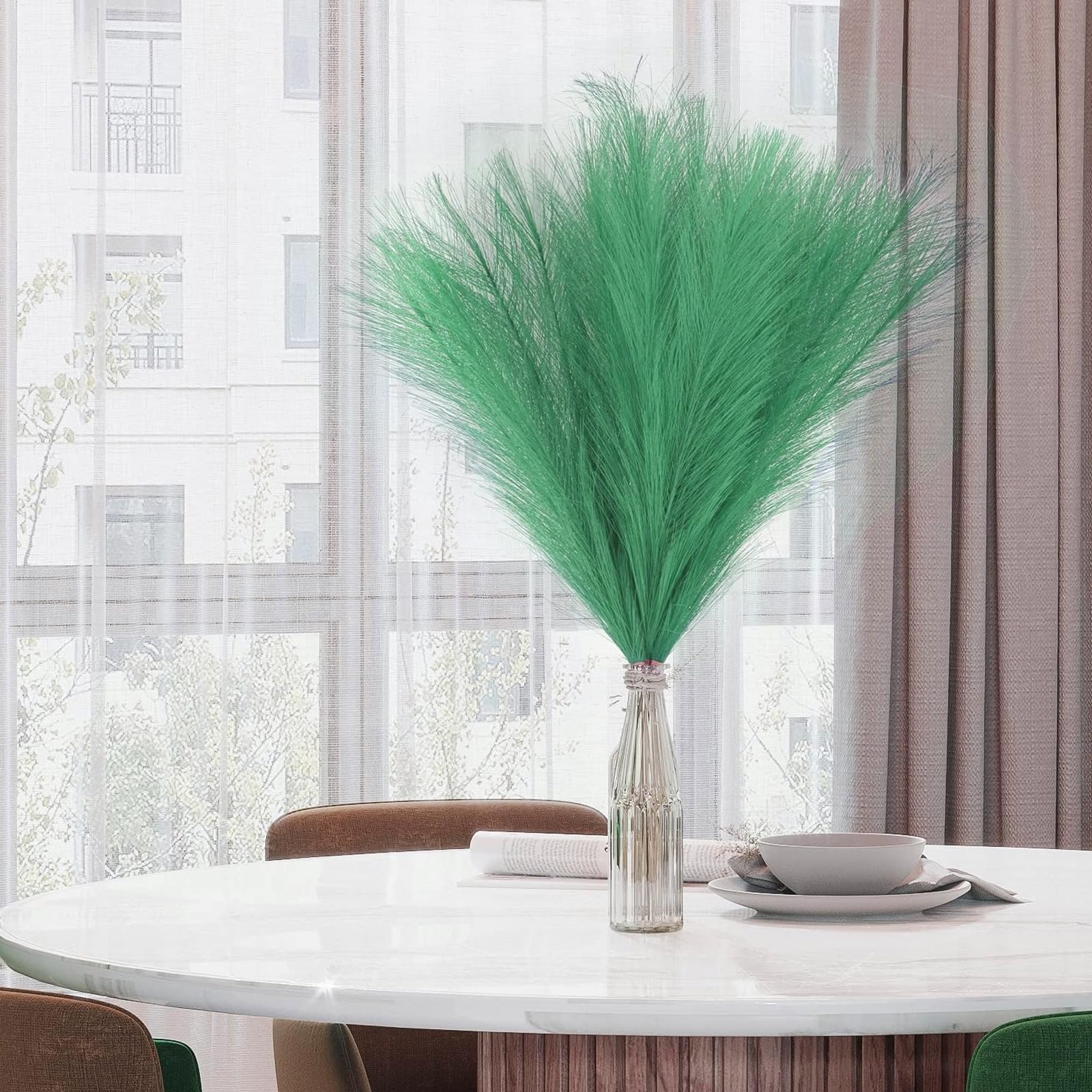 QUARKZMAN 6pcs Pampa Faux Herbe Petit 45 Cm/17,7" Faux Moelleux Pampa Artificiel Herbe 7 Branches Artificiel Vase Remplissage Pour Maison Bureau Vase Mariage Décoration Vert