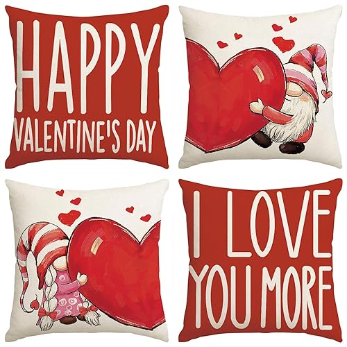 Juego de 4 fundas de almohada para el día de San Valentín de 18 x 18 pulgadas decoración del día de San Valentín para el hogar gnomos de corazón de