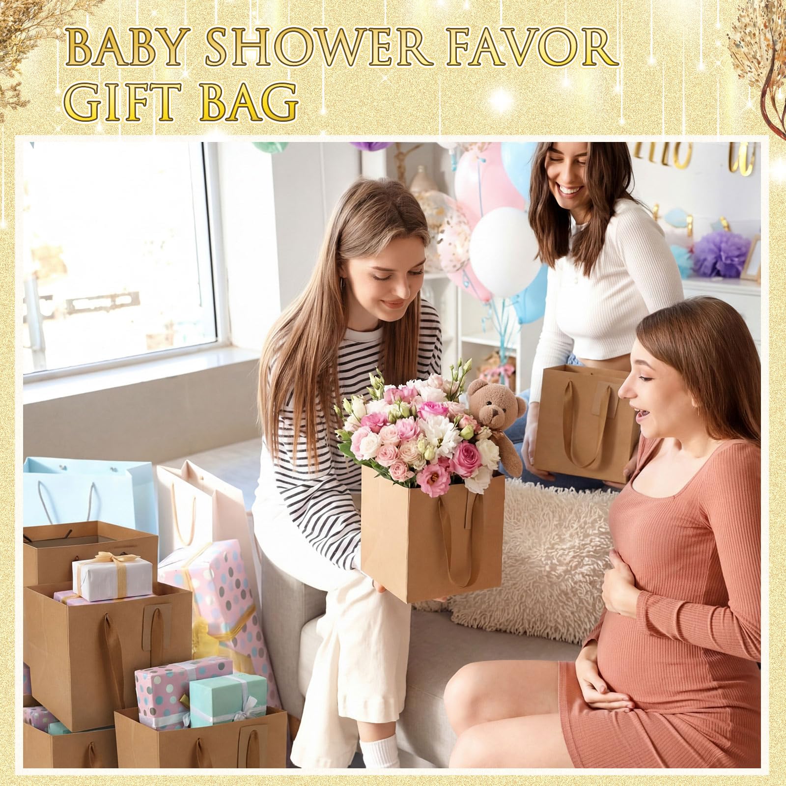 Windyun 25 bolsas de regalo cuadradas de papel con asa de 8 x 8 x 8 pulgadas, bolsa pequeña con etiqueta de agradecimiento para el día de San Valentín, cumpleaños, boda, despedida de soltera, dama de