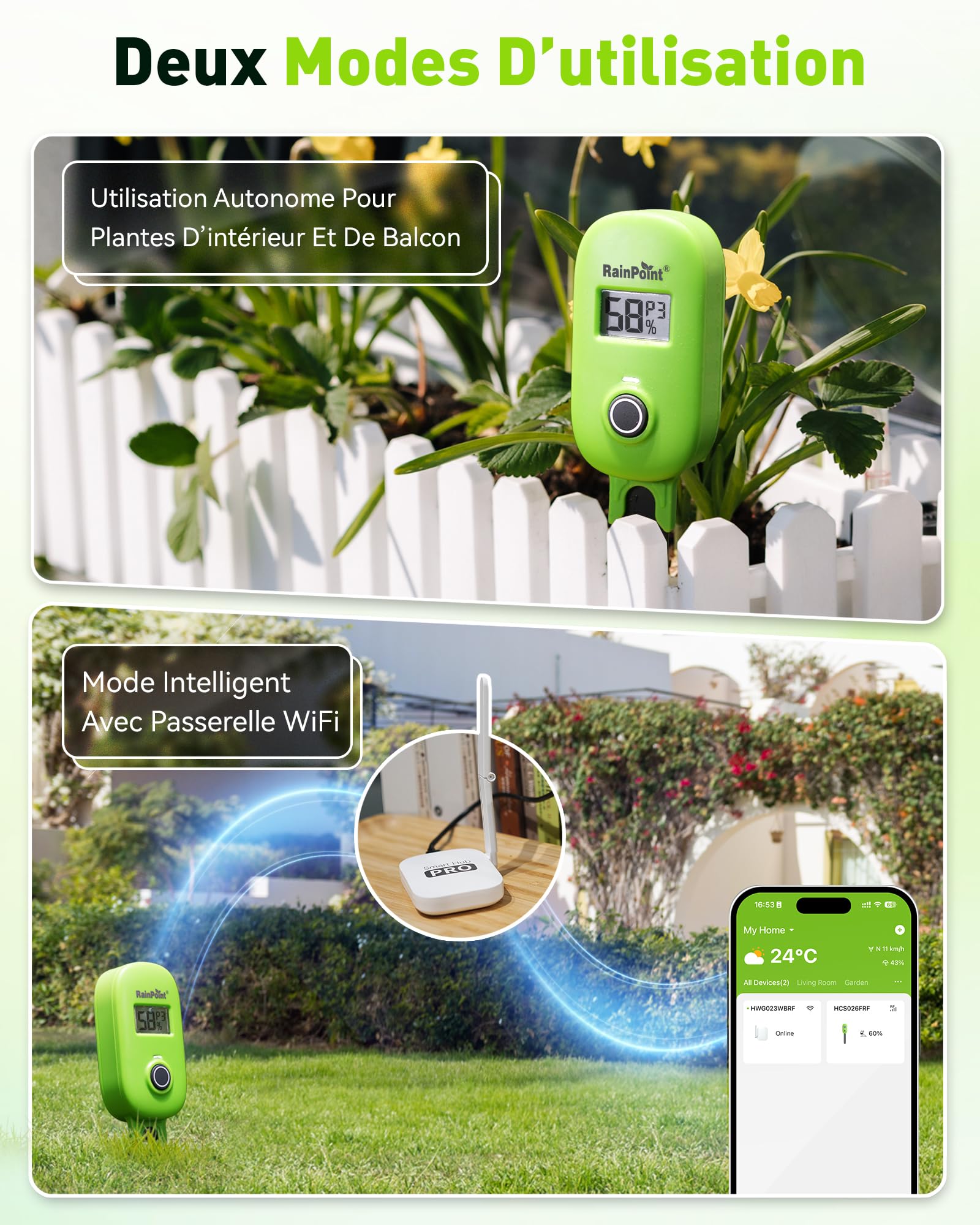 RAINPOINT Capteur d'humidité du sol intelligent avec connexion par application, passerelle nécessaire, système d'irrigation