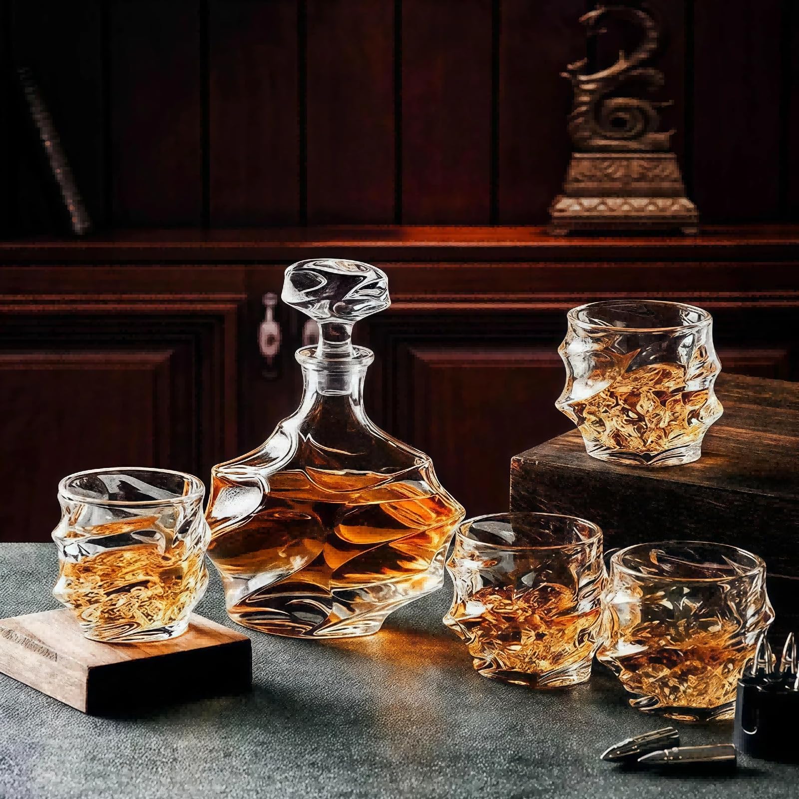 5er-Set Tsuki-Glas, Tsuki-Glas Whiskykaraffe, Schweres Japanisches Kristallglas FüR Bars, Altmodische WhiskygläSer Rocks-GläSer-Set, Bourbon-Geschenke