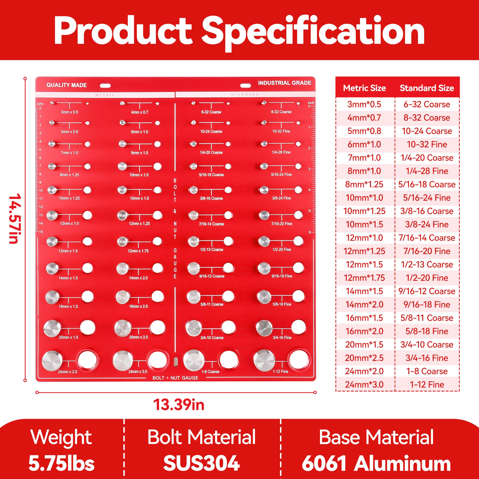 44 Nut and Bolt Thread Checker, Thread Checker Standard and Metric, Bolt and Nut Identifier Gauge, with Standard Inch and Centimeter Measurement Markers