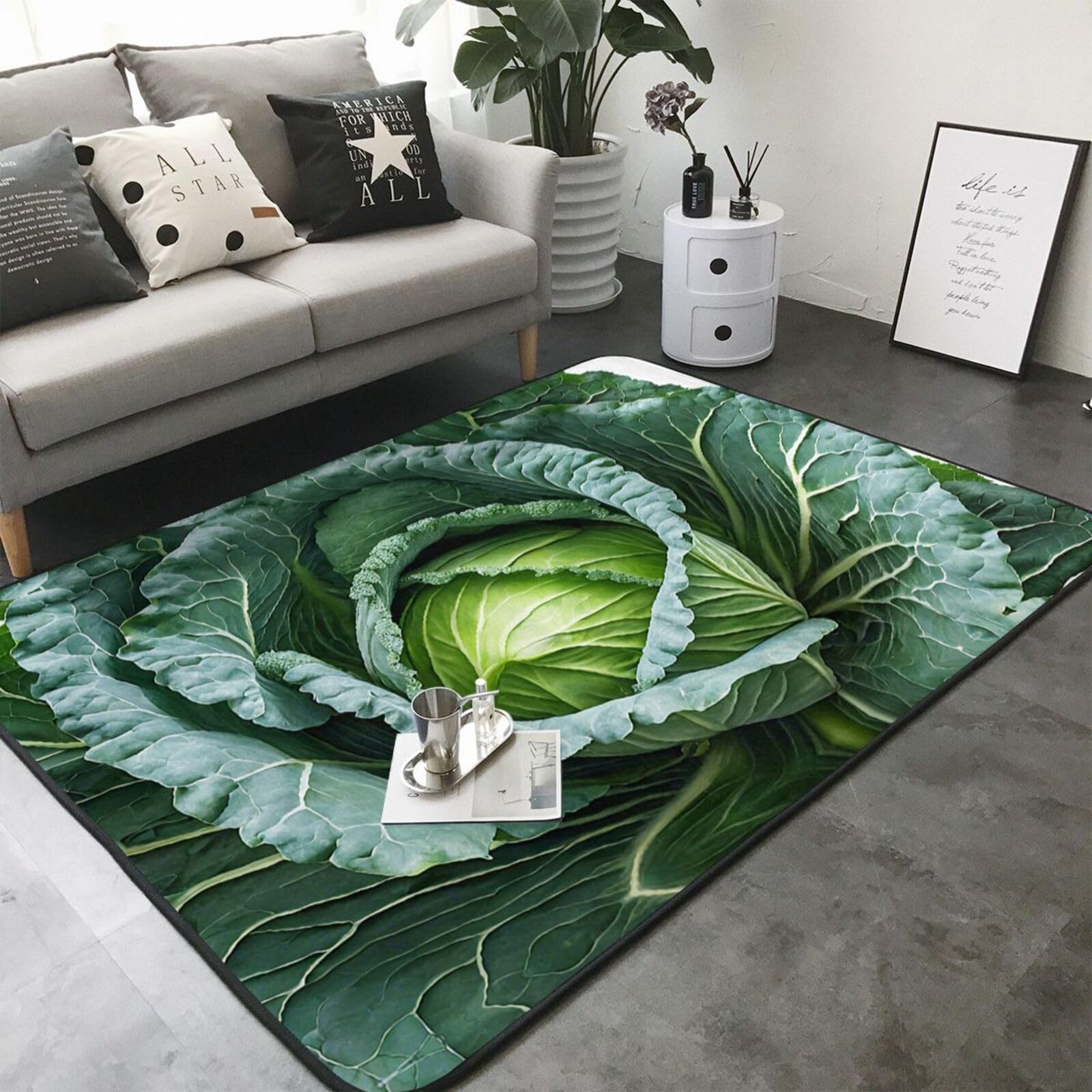 Bright Cabbage Print Living Room Anti Slip and Absorbent Carpet, Indoor Bedroom Bed Floor Mat, Ultra Soft Washable Carpet 80x58 in