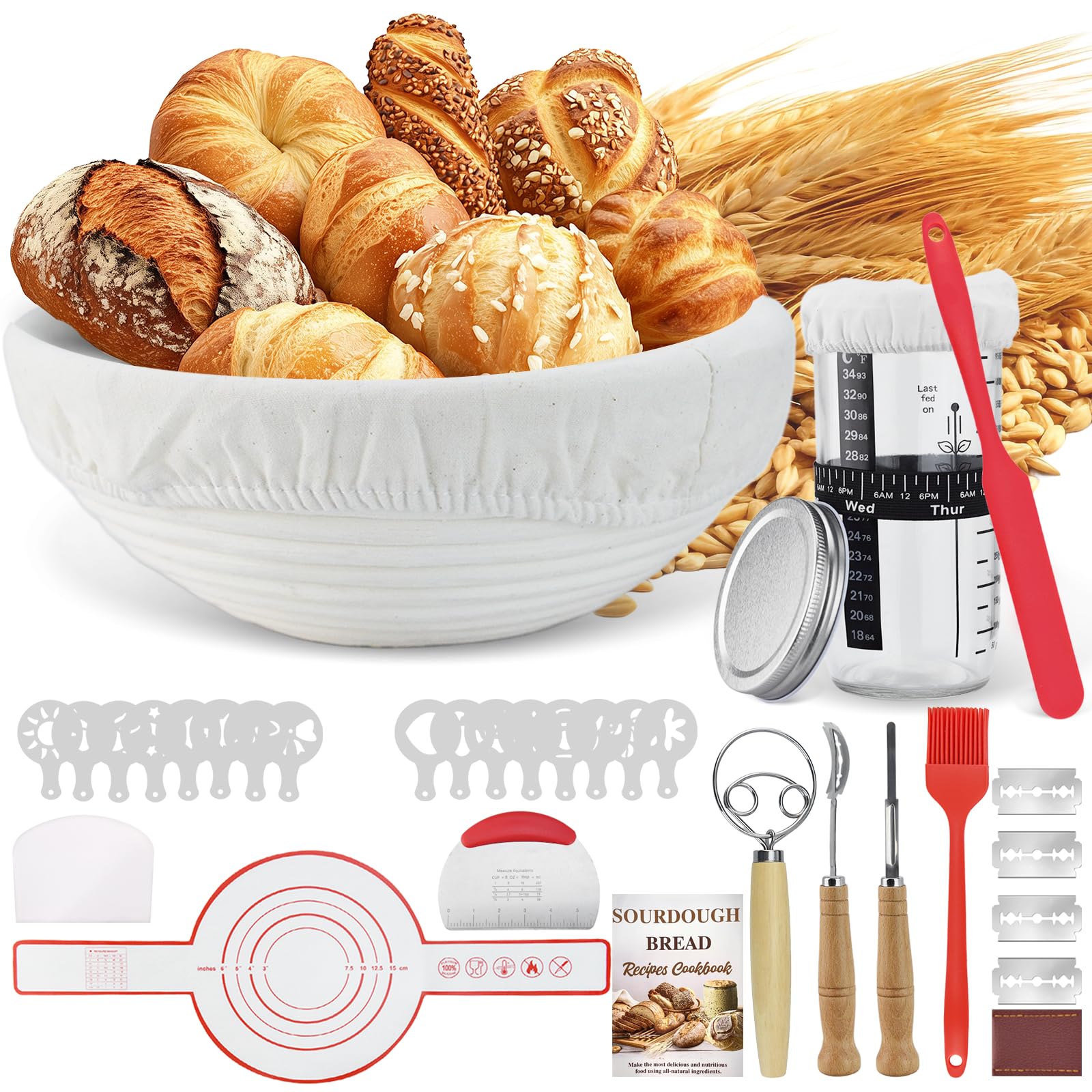 Forzaforte Sourdough Starter Kit With Jar, 23Cm Round Banneton Proofing Basket, 12-Piece Bread Making Tools, Baking Gift Set For Beginners And Home Bakers