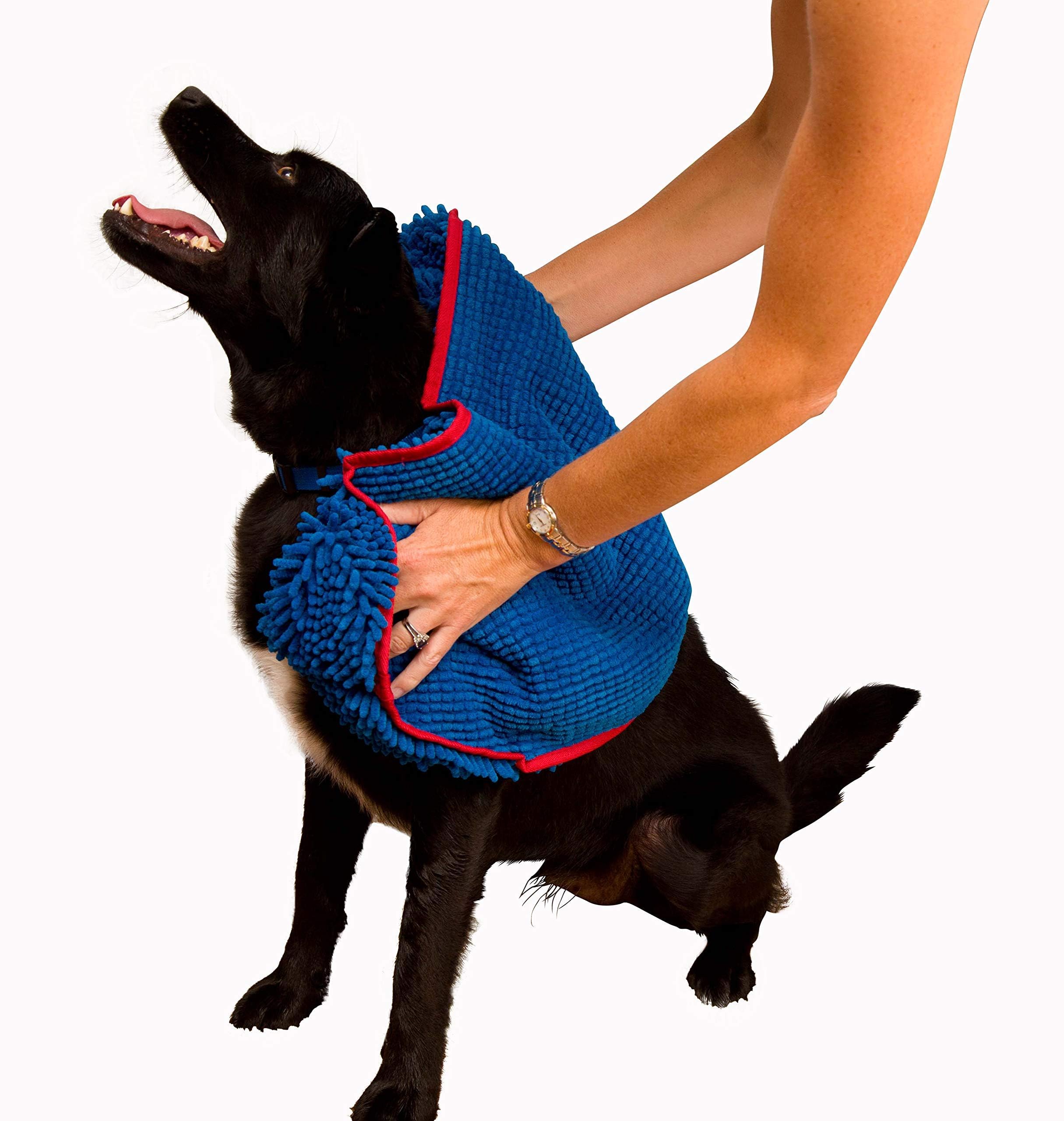 Soggy Doggy Super Shammy Dog Towel - Microfiber Chenille Towel for Drying Dogs and Cleaning Paws - Fast Drying with Hand Pockets for Ease (Blue/Red Trim, 31” x 14”)