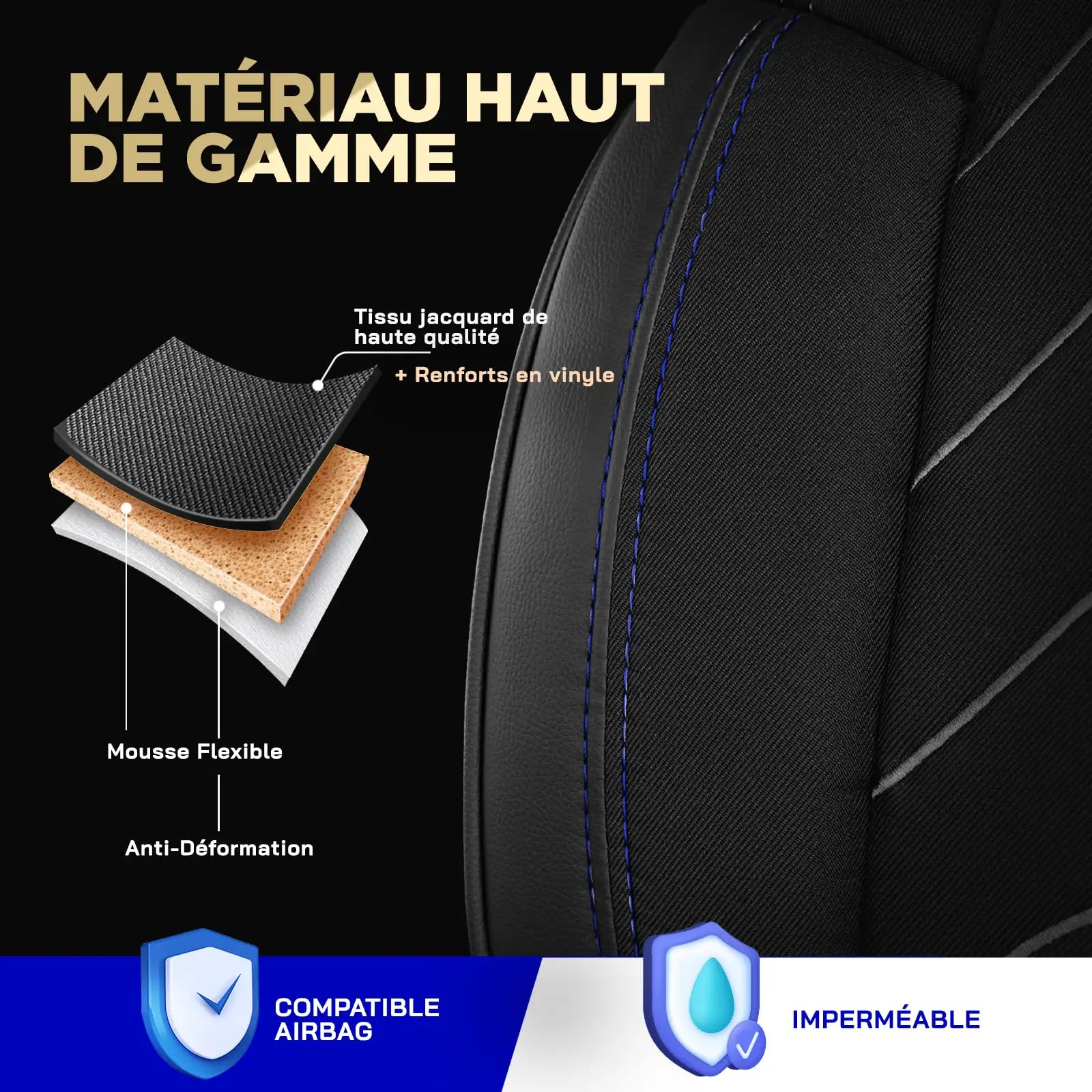Housse de siège de voiture universelle 2+1 pour Renault Trafic 3 (2015-2024), OPEL Vivaro B (2014-2018) – Housse de siège avant en lin, noir-bleu, ensemble de sièges avant pour