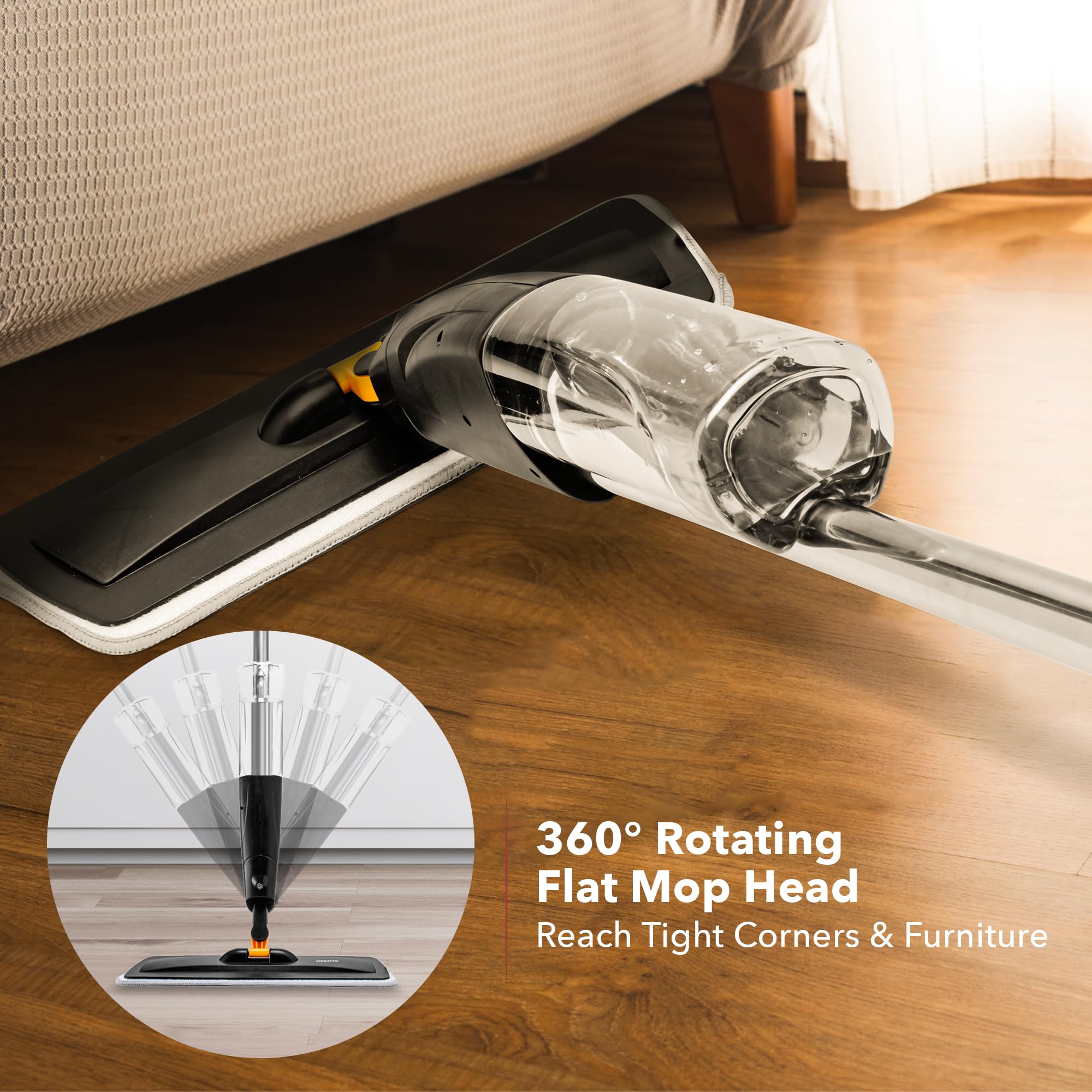 OVENTE Fregona pulverizadora de Microfibra para Limpieza de Suelos con Botella Recargable, Almohadilla Lavable y Reutilizable, Limpiador húmedo inalámbrico de Giro de 360° para Madera Dura, cerámica
