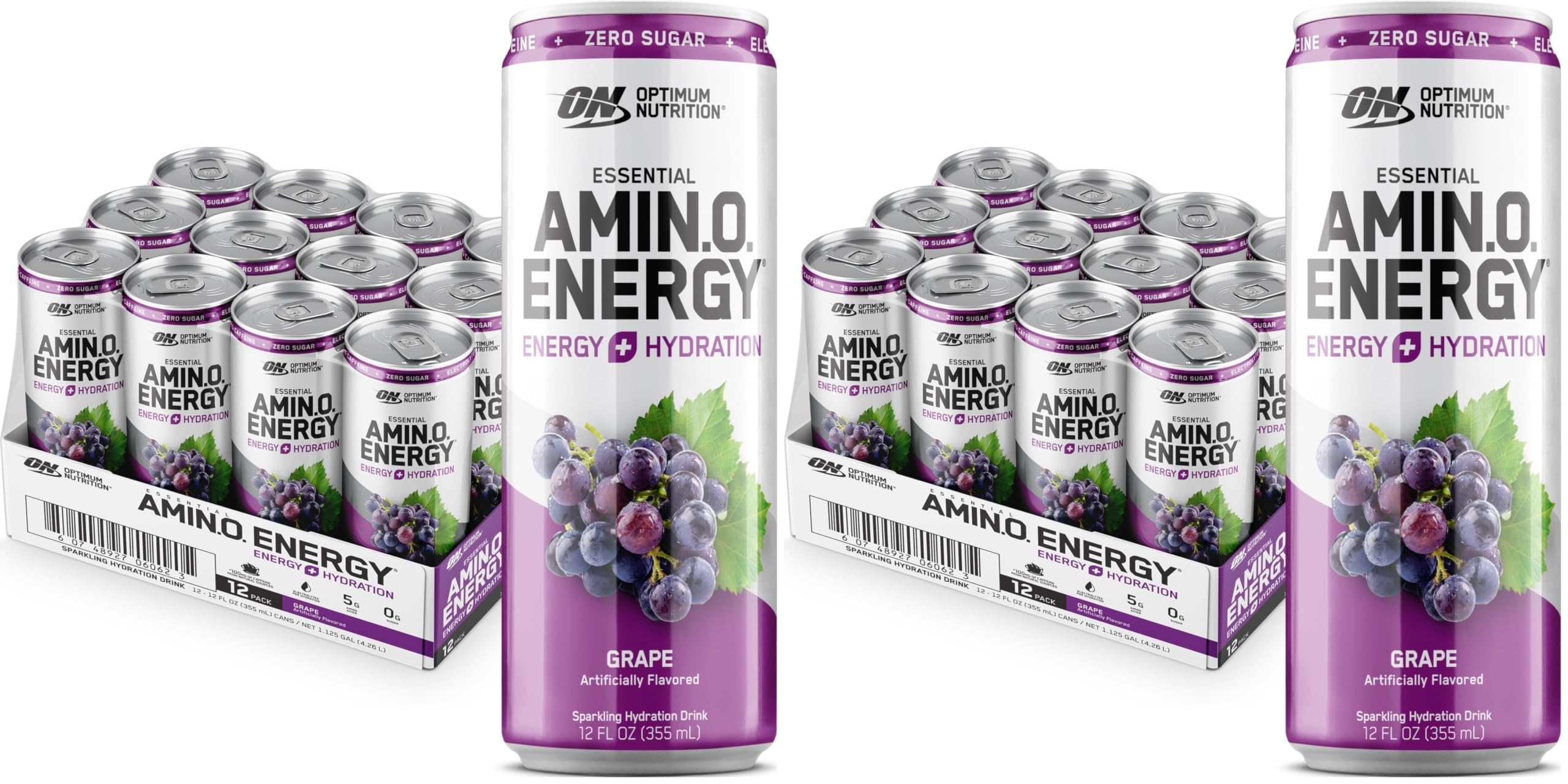 Optimum Nutrition Amino Energy Sparkling Hydration Drink, Electrolytes, Caffeine, Amino Acids, BCAAs, Sugar Free, Grape, 12 Fl Oz, (Packaging May Vary), 12 Count (Pack of 2) Amino Energy Sparkling Grape 12 Count (Pack of 2)